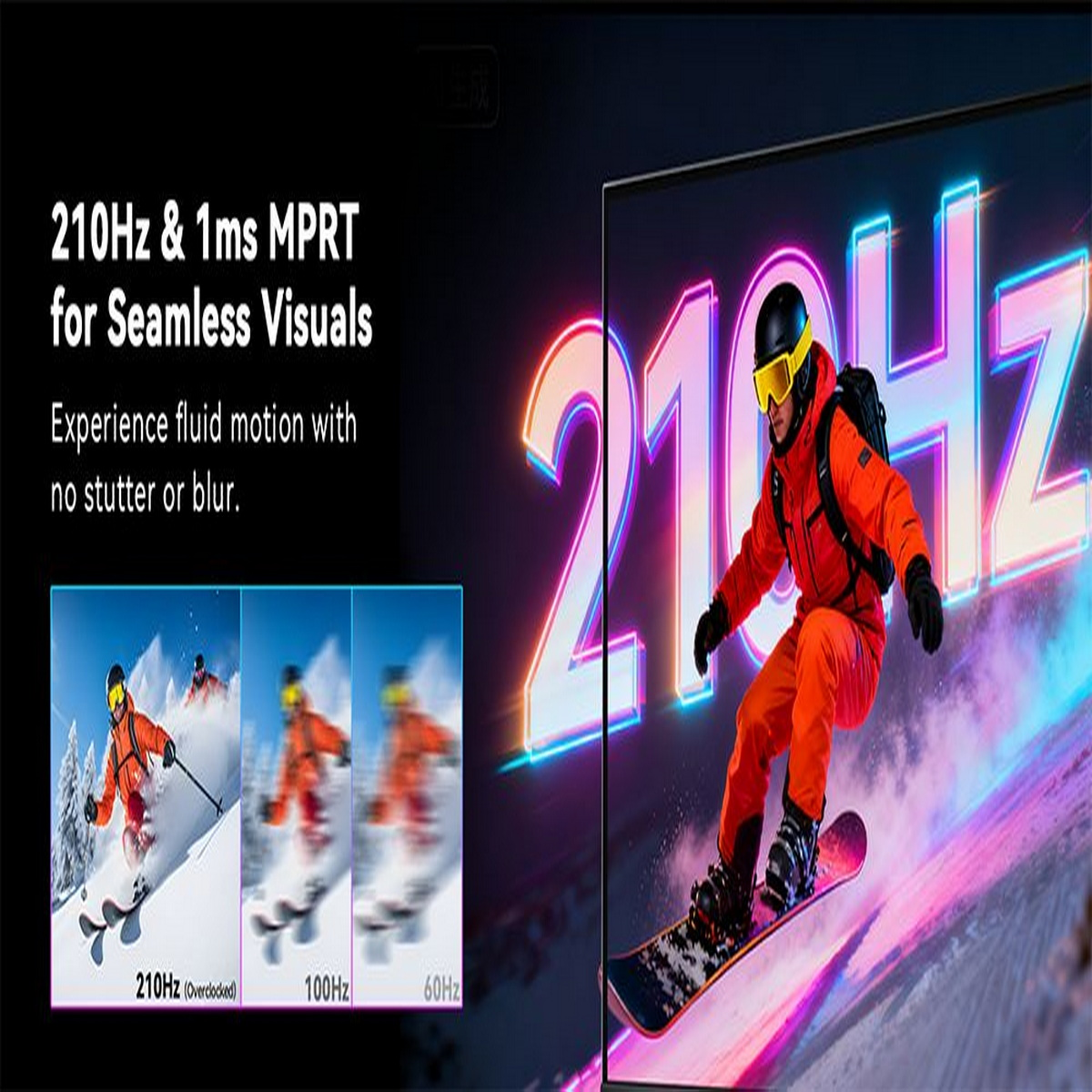 Ein Snowboarder in orange Kleidung fährt einen Hang hinunter, neben Neon-Zahlen.