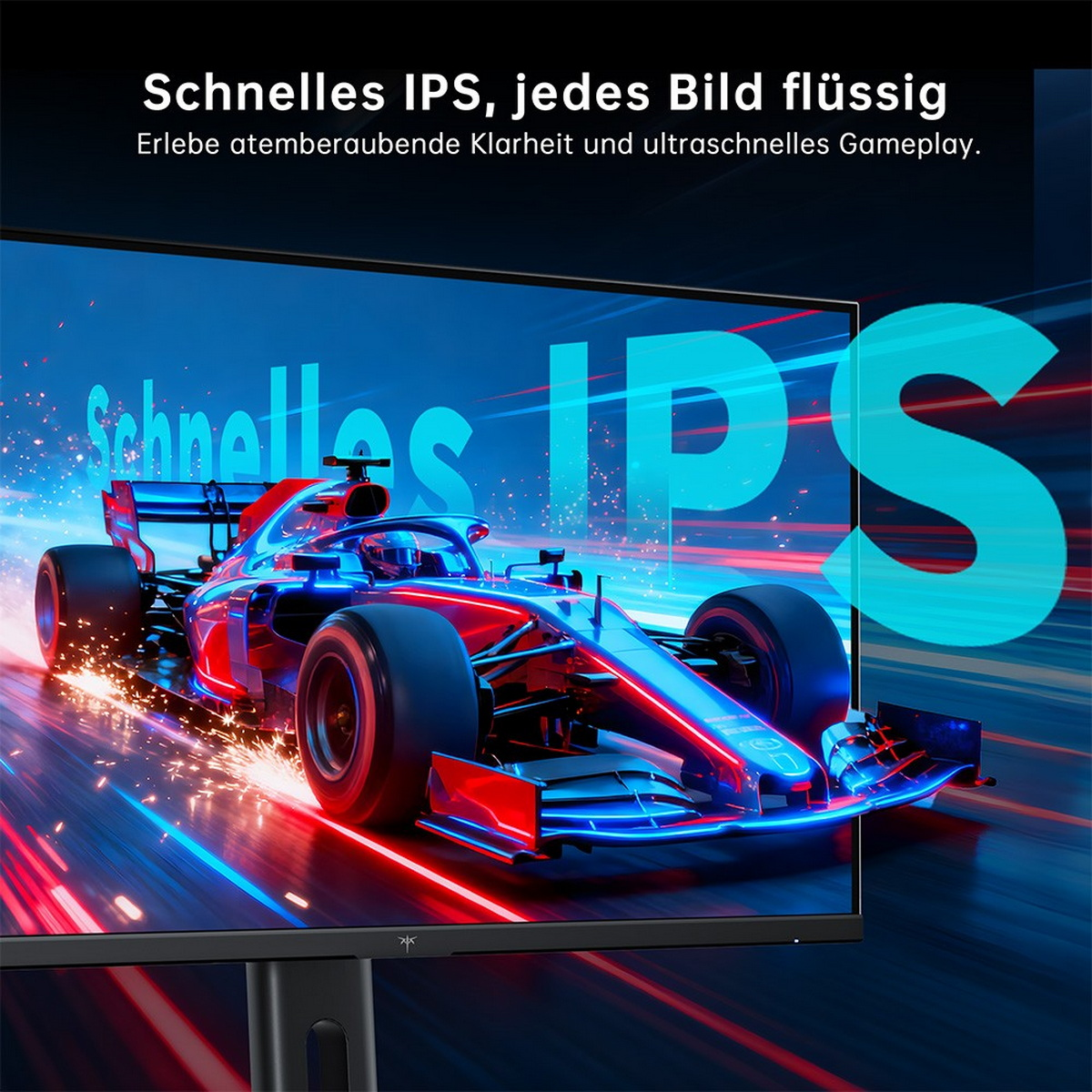 Ein Formel-1-Auto rast auf einem Bildschirm mit der Aufschrift "Schnelles IPS".