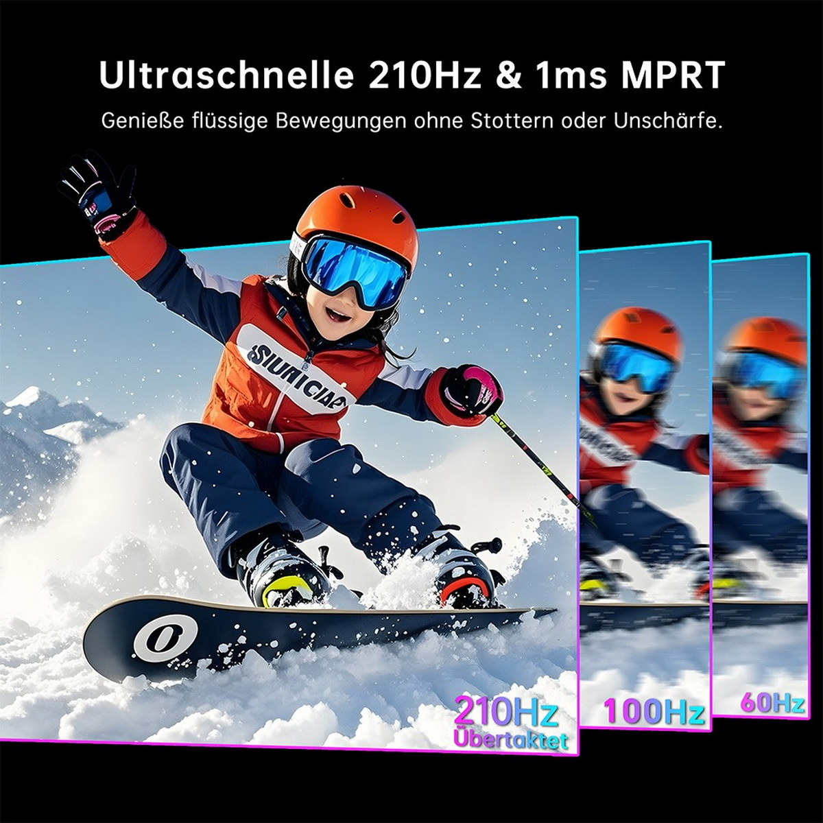 Ein Kind fährt Snowboard, mit Vergleichen von 210Hz, 100Hz und 60Hz.