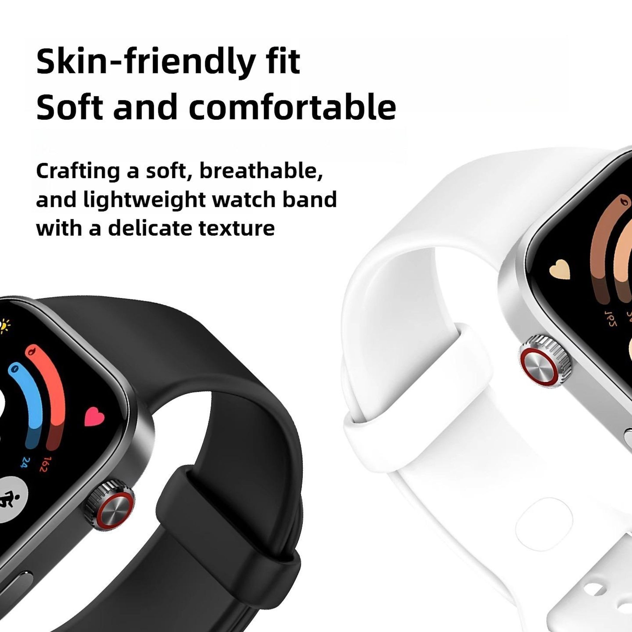 Zwei Smartwatches, eine schwarz, eine weiß, mit Textwerbung.