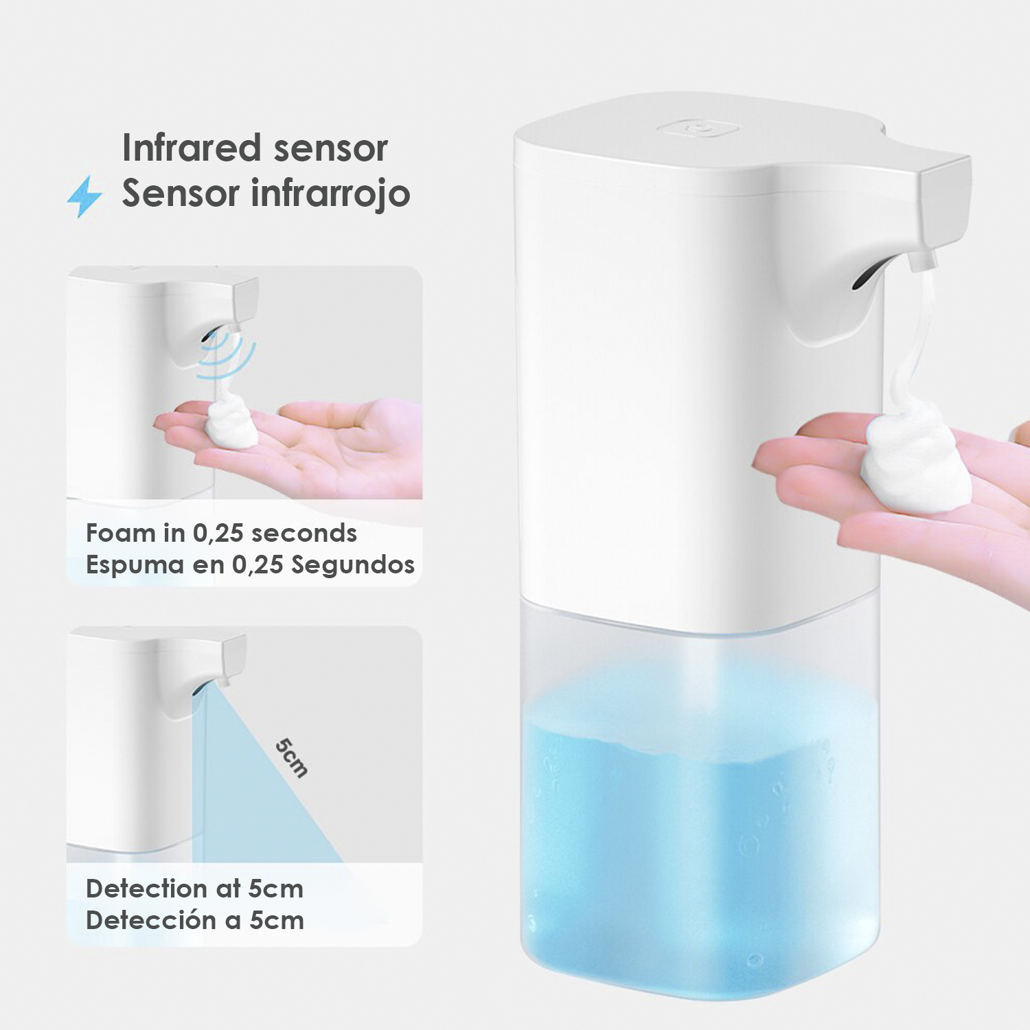 Dispensador de jabón blanco con líquido azul, dispensando espuma en una mano.