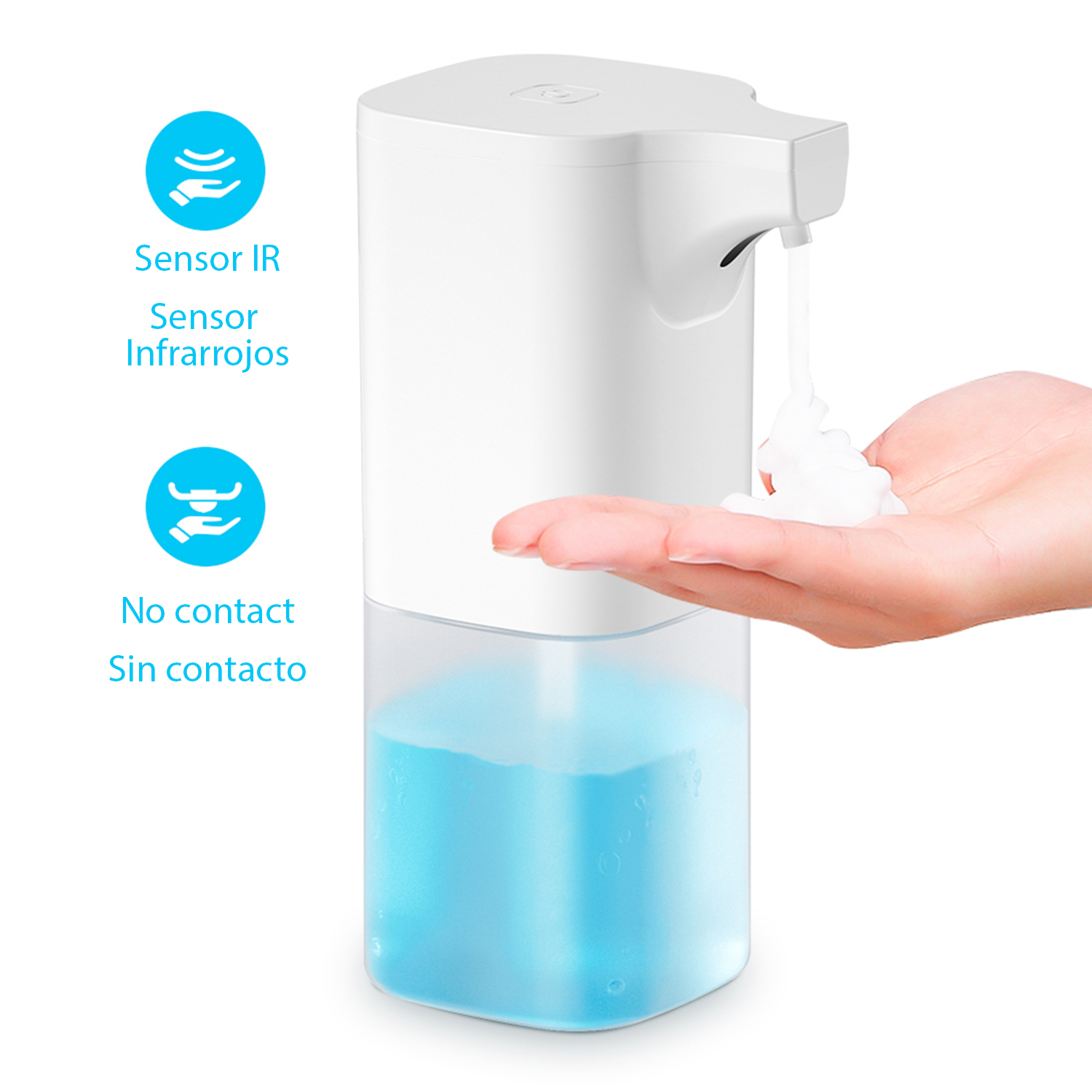 Un dispensador de jabón blanco con líquido azul dispensa espuma en una mano.
