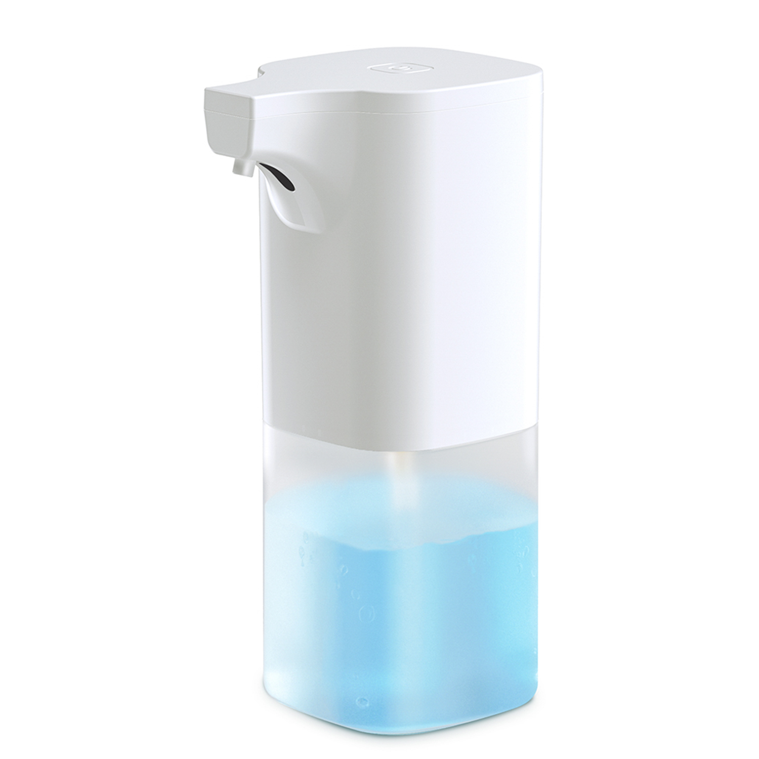 Un dispensador de jabón automático blanco con líquido azul y burbujas.