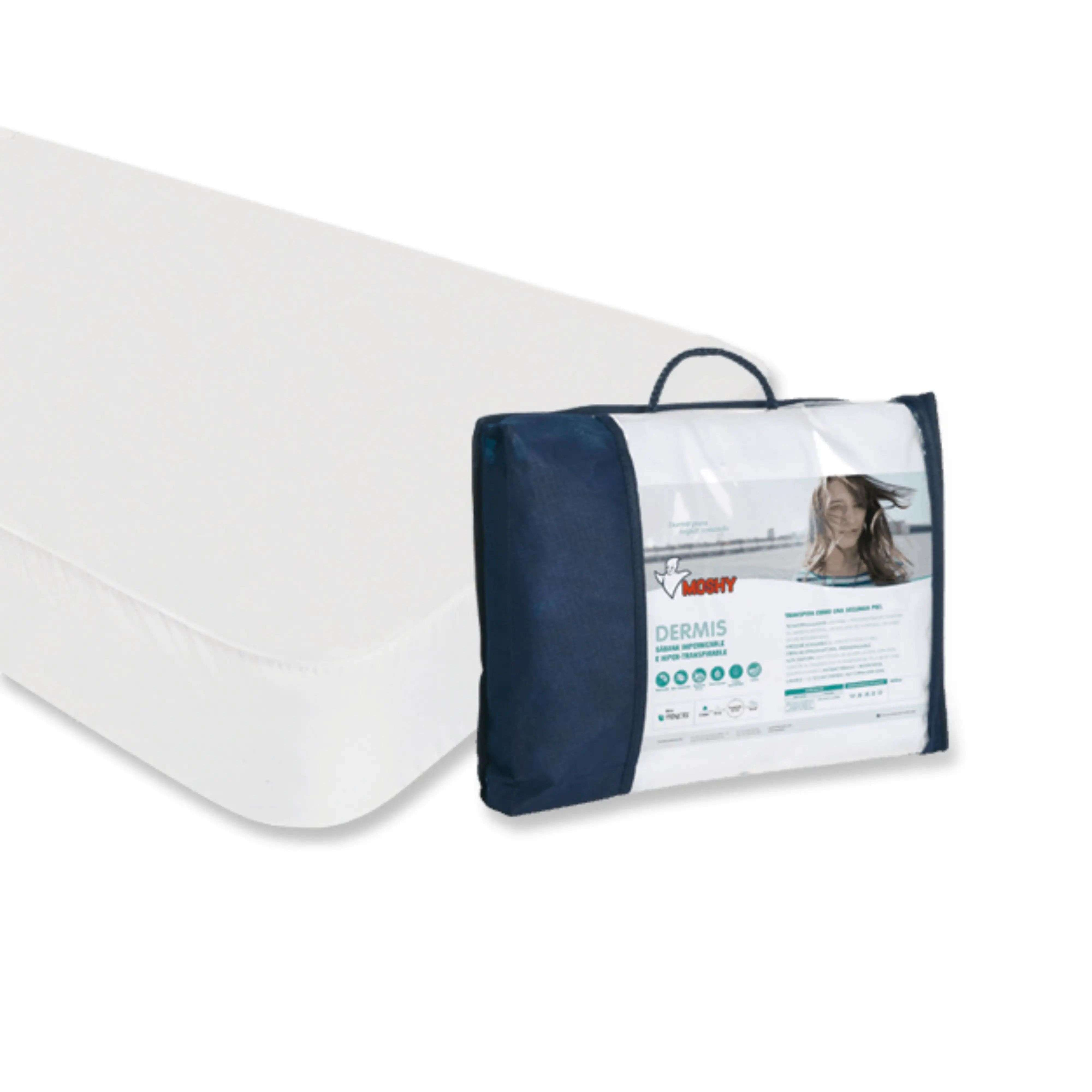 Una sábana bajera blanca yace junto a una bolsa azul con la imagen de una mujer joven.
