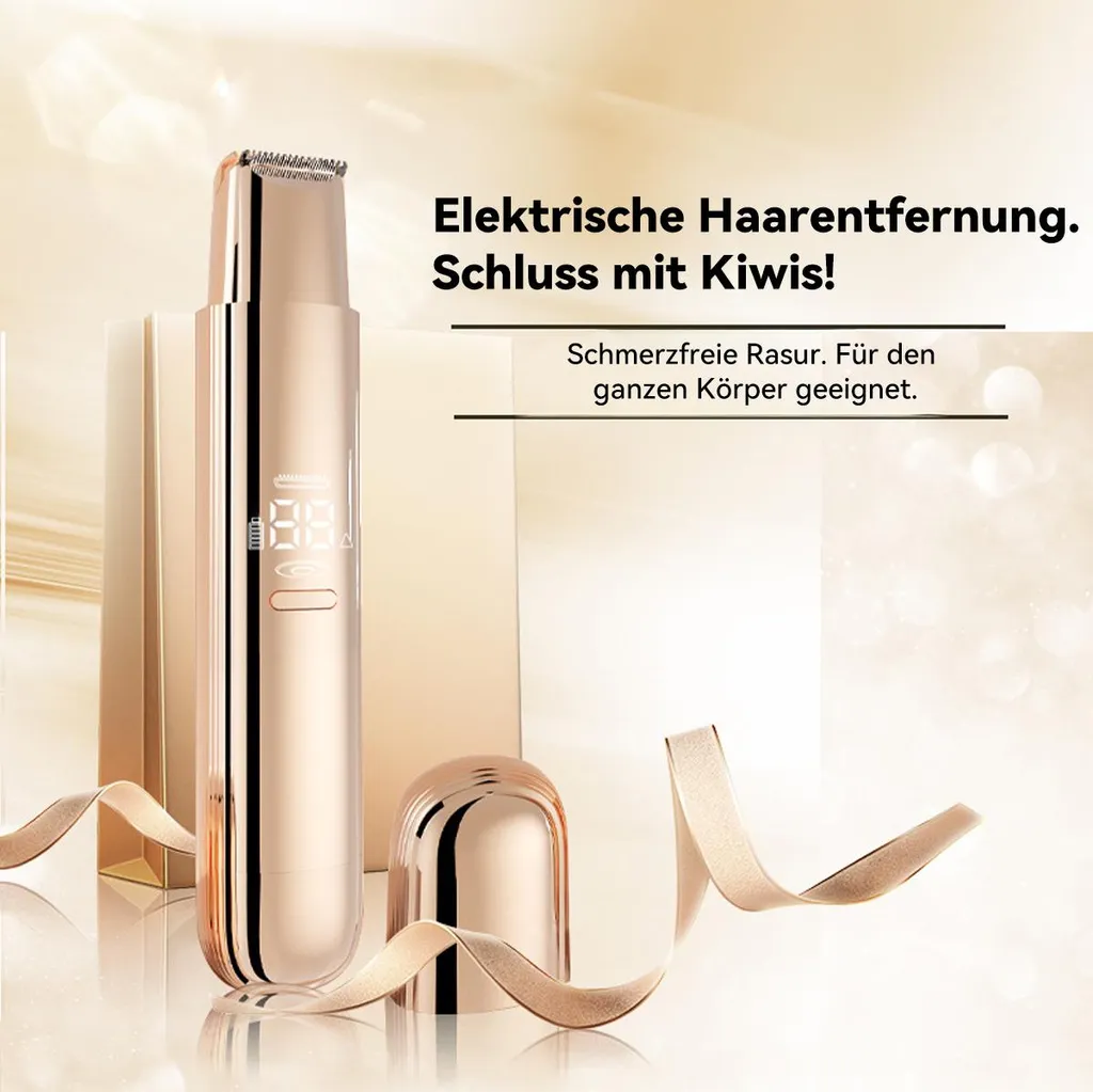 Goldener Haarentferner mit digitaler Anzeige, Kappe und Band. Text auf Deutsch.