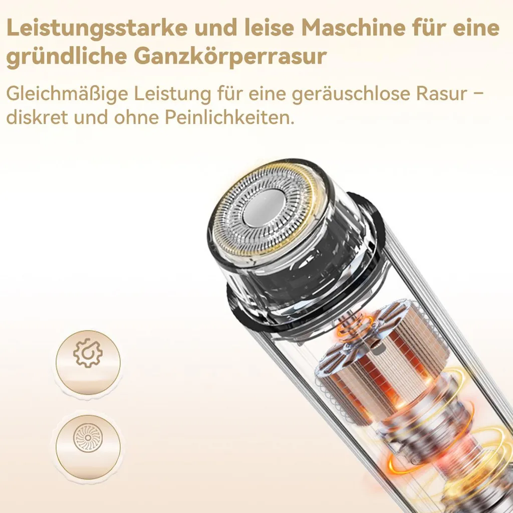 Detailaufnahme eines durchsichtigen Rasierers mit Motor im Inneren und Symbolen.