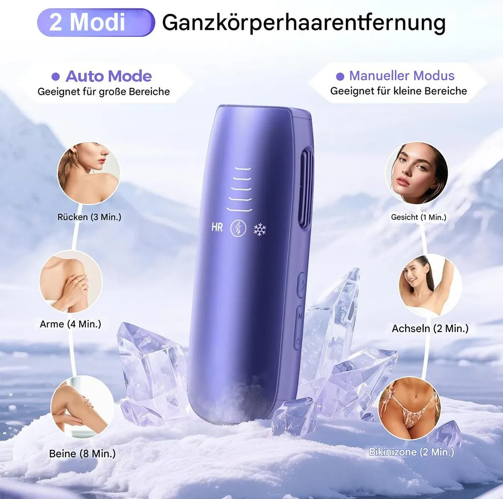 Lila Haarentfernungsgerät mit Eis und Bildern verschiedener Körperteile.