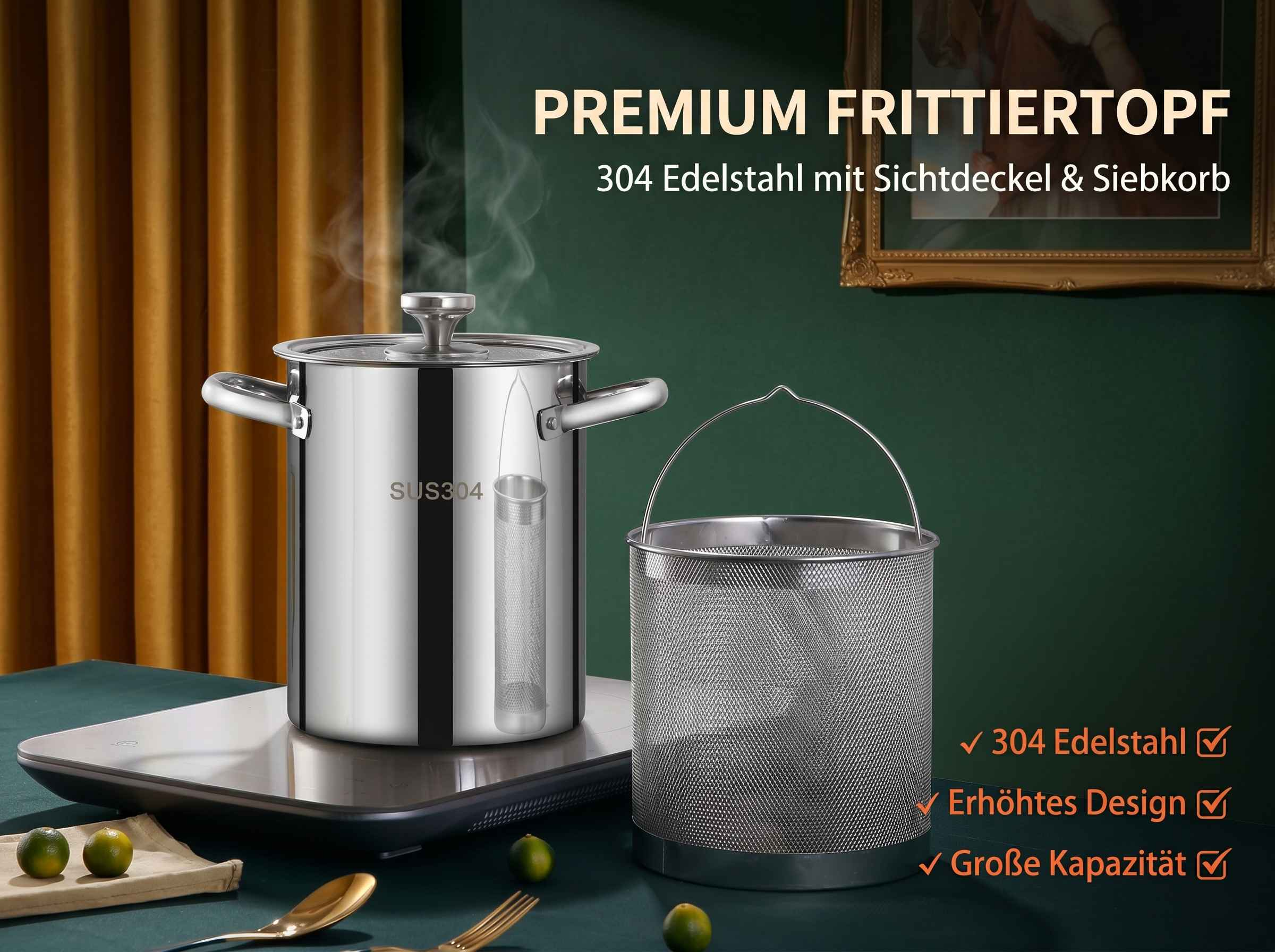 Edelstahl-Frittiertopf mit Siebkorb auf Induktionskochfeld, mit Dampf.