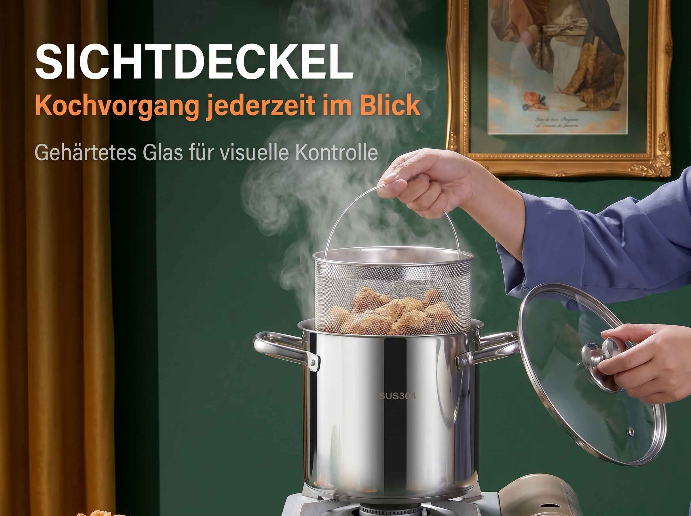 Eine Hand hebt einen Metalleinsatz voller Lebensmittel aus einem Topf, der dampft.
