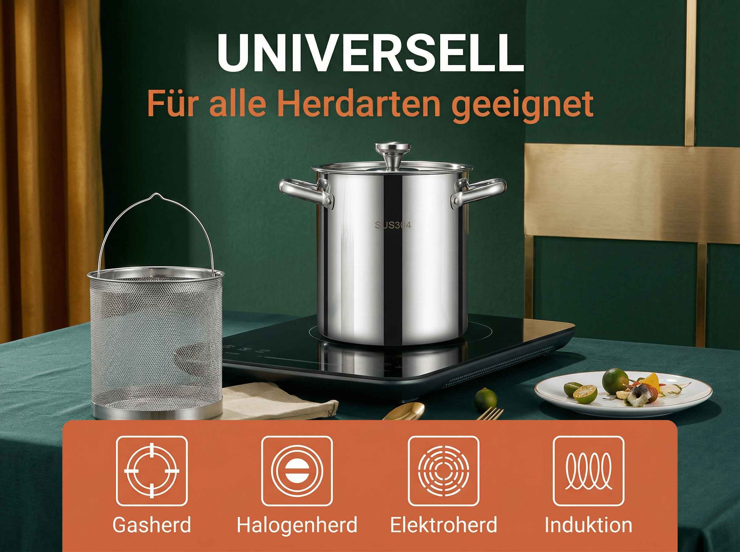 Edelstahltopf auf Induktionskochfeld mit Symbolen für verschiedene Herdarten.