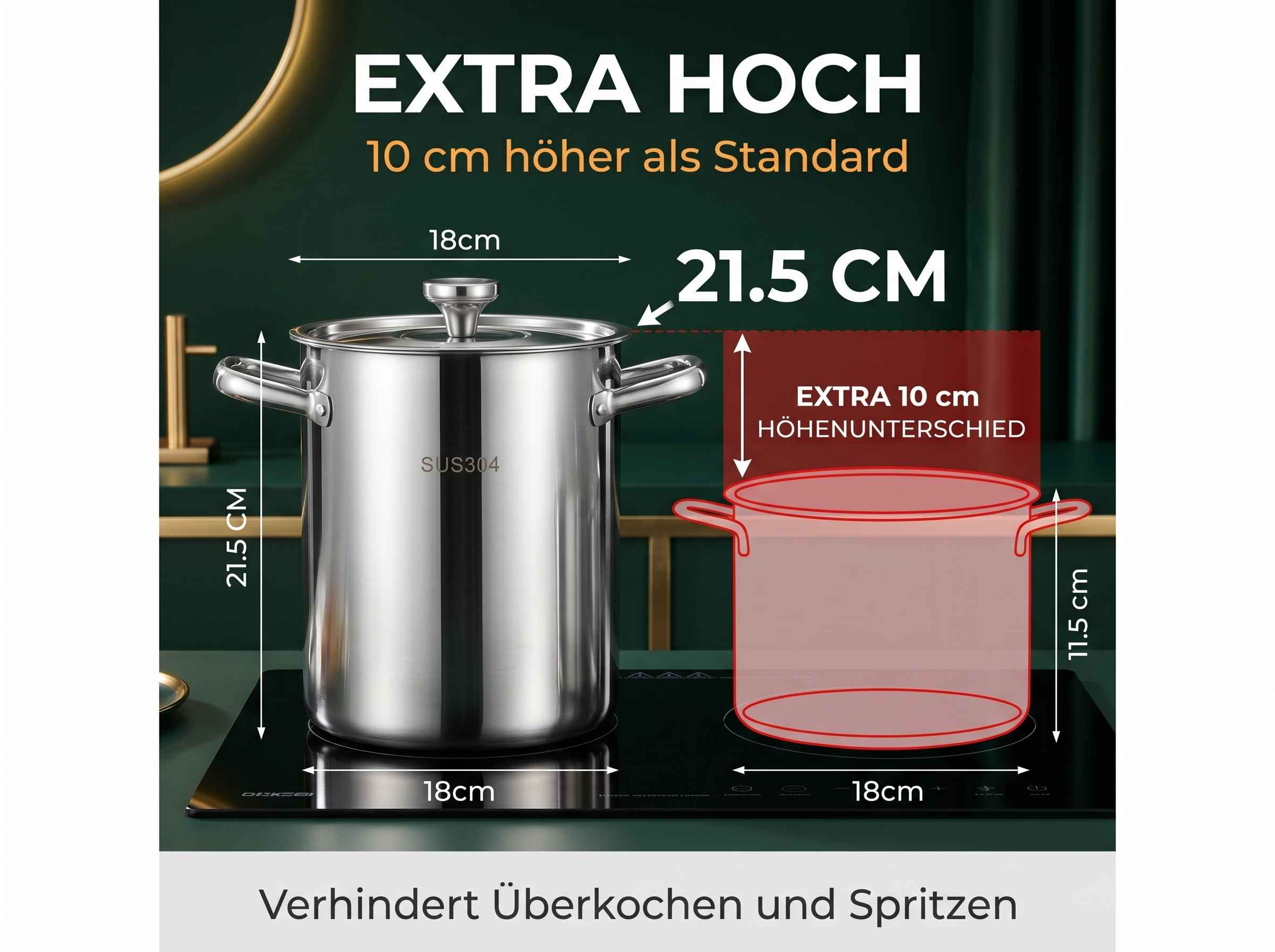 Edelstahltopf, 18cm breit und 21,5cm hoch, auf einem Herd gezeigt.