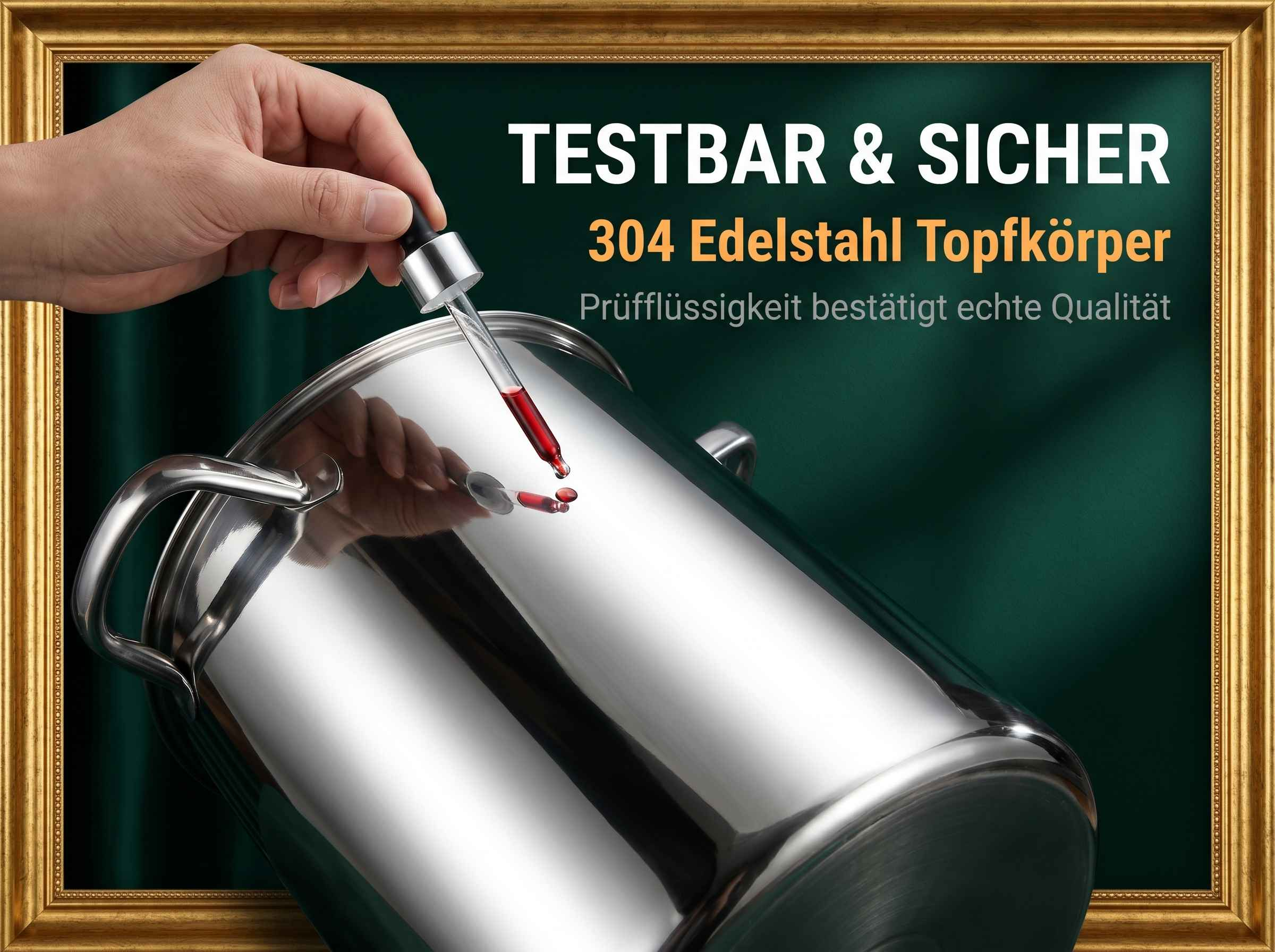 Hand tropft rote Flüssigkeit in Edelstahltopf, getestet & sicher.