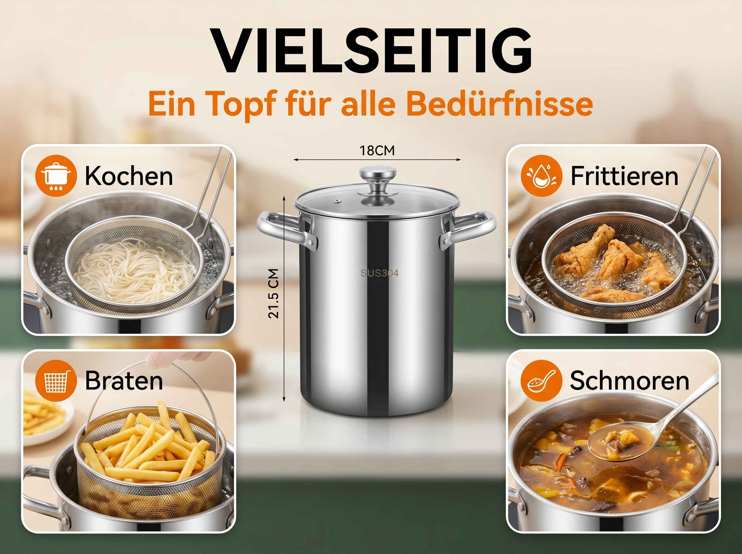 Edelstahltopf zeigt Kochen, Frittieren, Braten und Schmoren von Speisen.