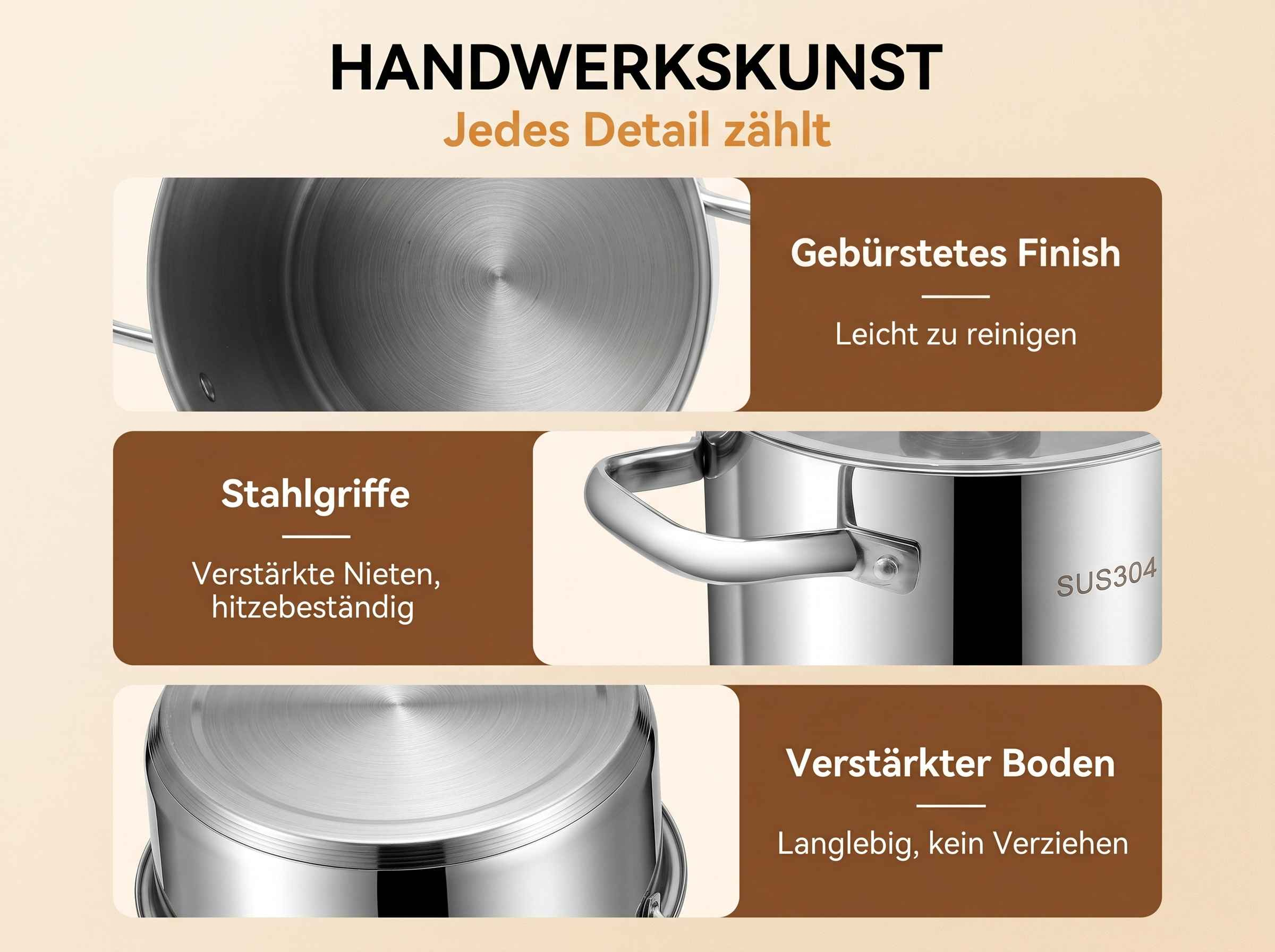 Hochwertiger Edelstahltopf mit gebürstetem Finish, Stahlgriffen und verstärktem Boden.
