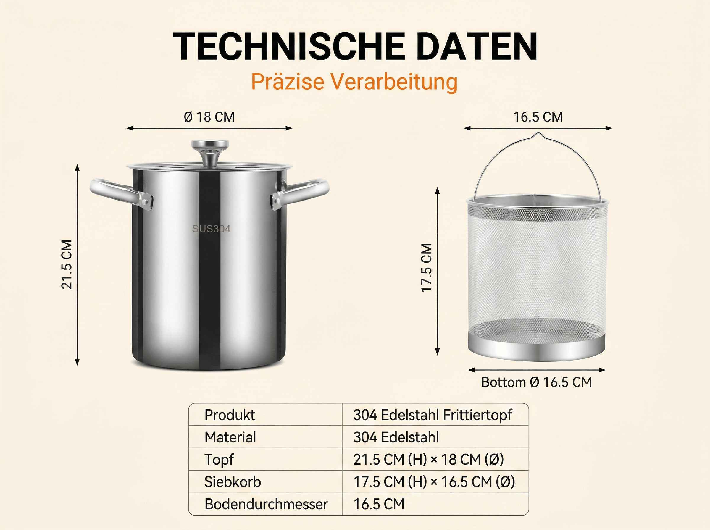 Edelstahltopf 18cm Ø, 21.5cm H und ein Siebkorb 16.5cm Ø, 17.5cm H.