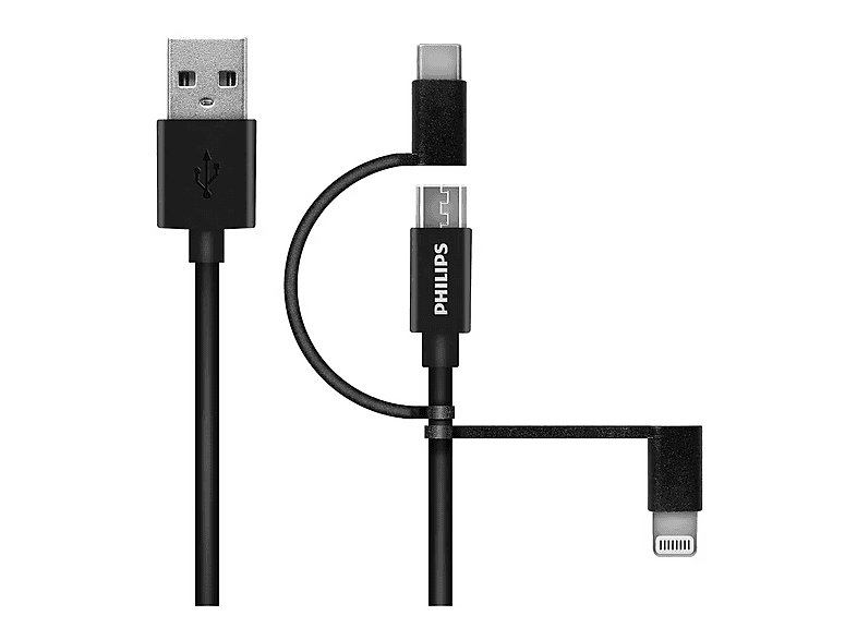 PHILIPS DLC3106T 3'ü 1 Arada Lightning USB-C Mikro USB Şarj Kablosu Siyah