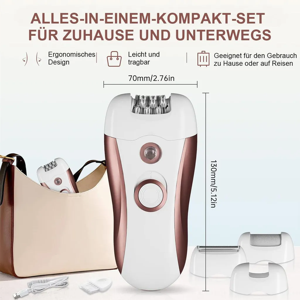 Ein weißer und roségoldener Epilierer mit Zubehör und einer Tasche.