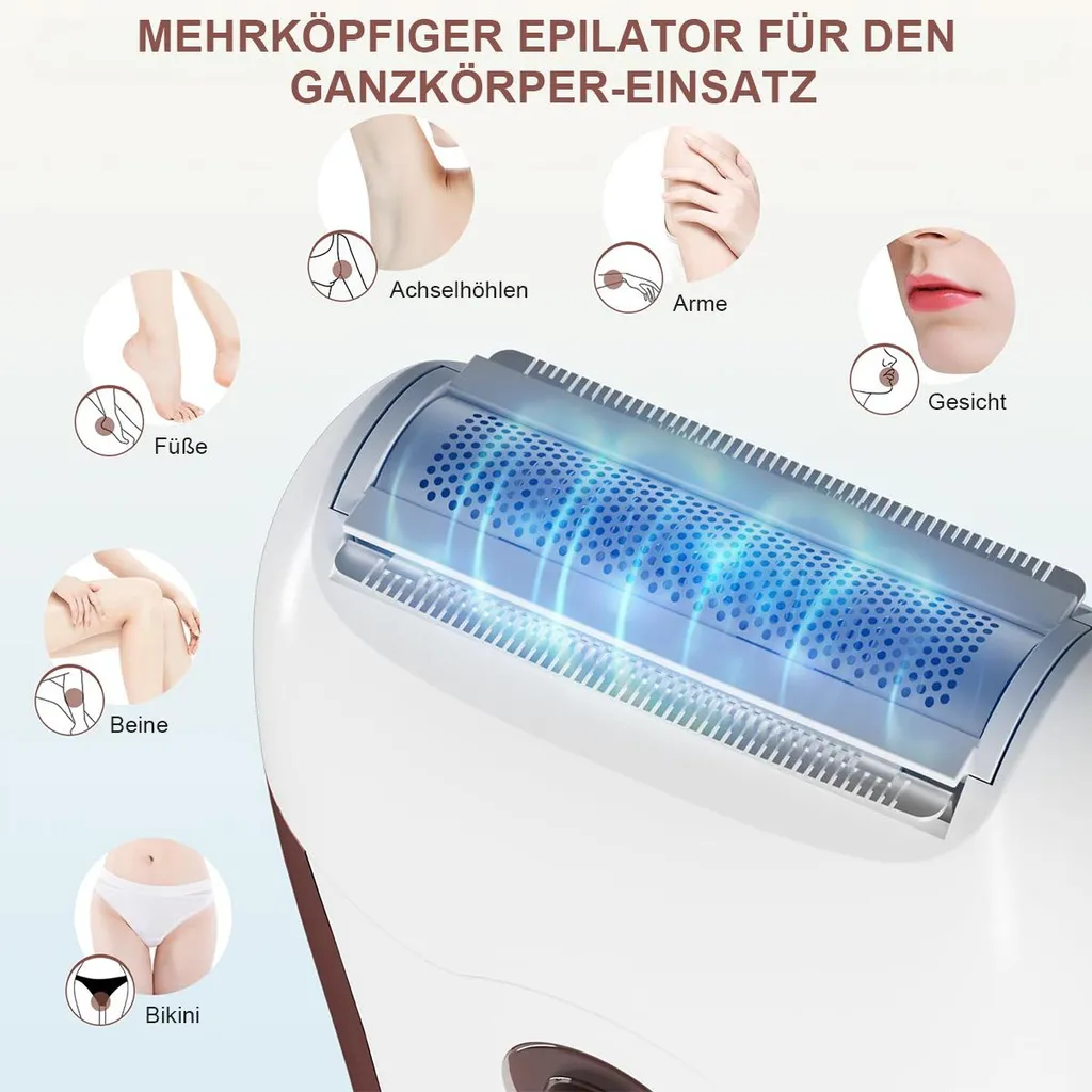 Ein moderner Epilierer mit blauen Lichtern und detaillierten Bildern von Körperteilen.