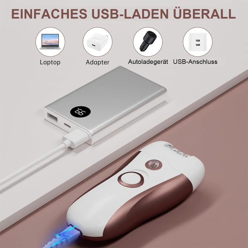 Silberne Powerbank lädt einen weißen und roségoldenen Epilierer per USB.