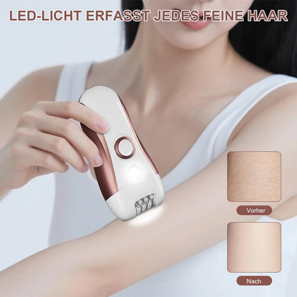 Epilierer mit LED-Licht auf einem Arm, zeigt Vorher/Nachher-Hautbilder.