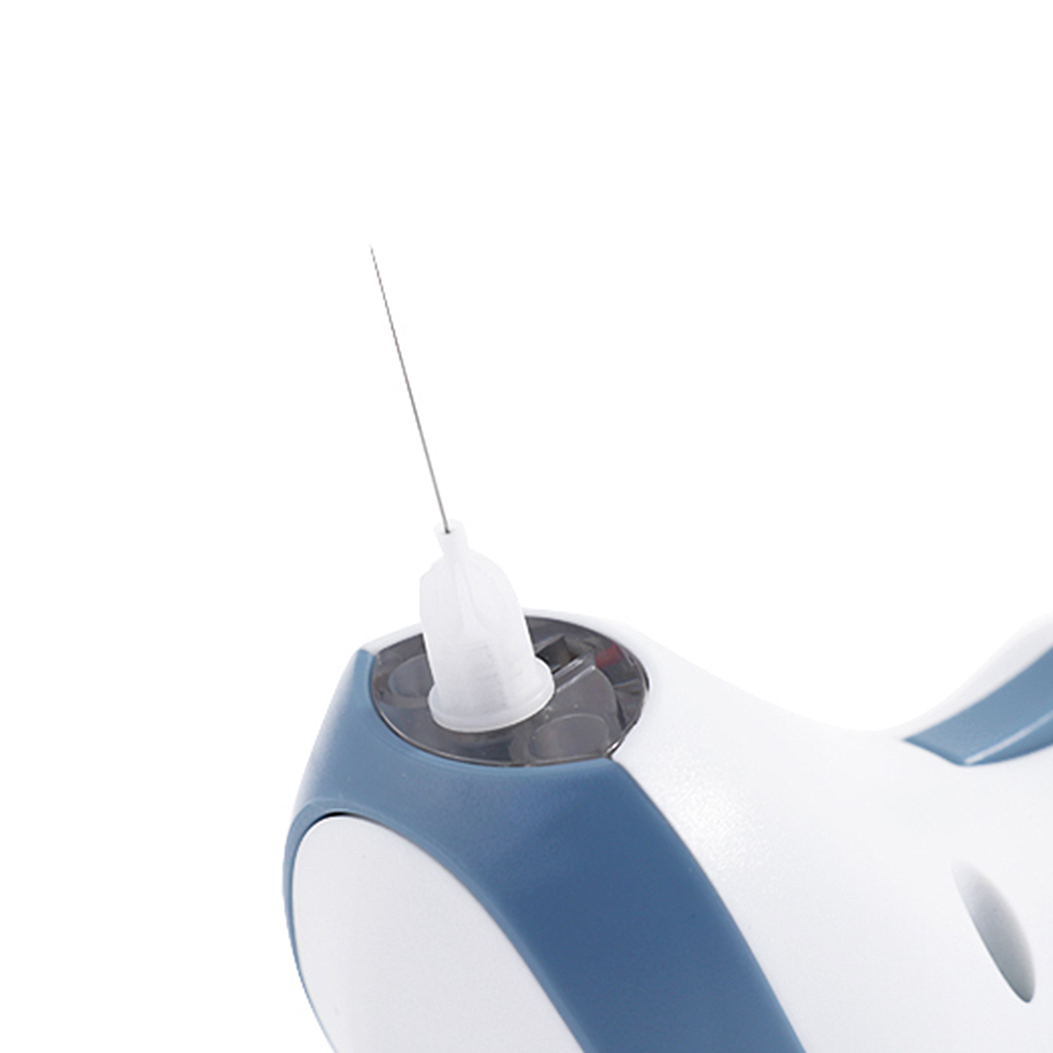 Un dispositivo medico bianco e blu con un ago sottile.
