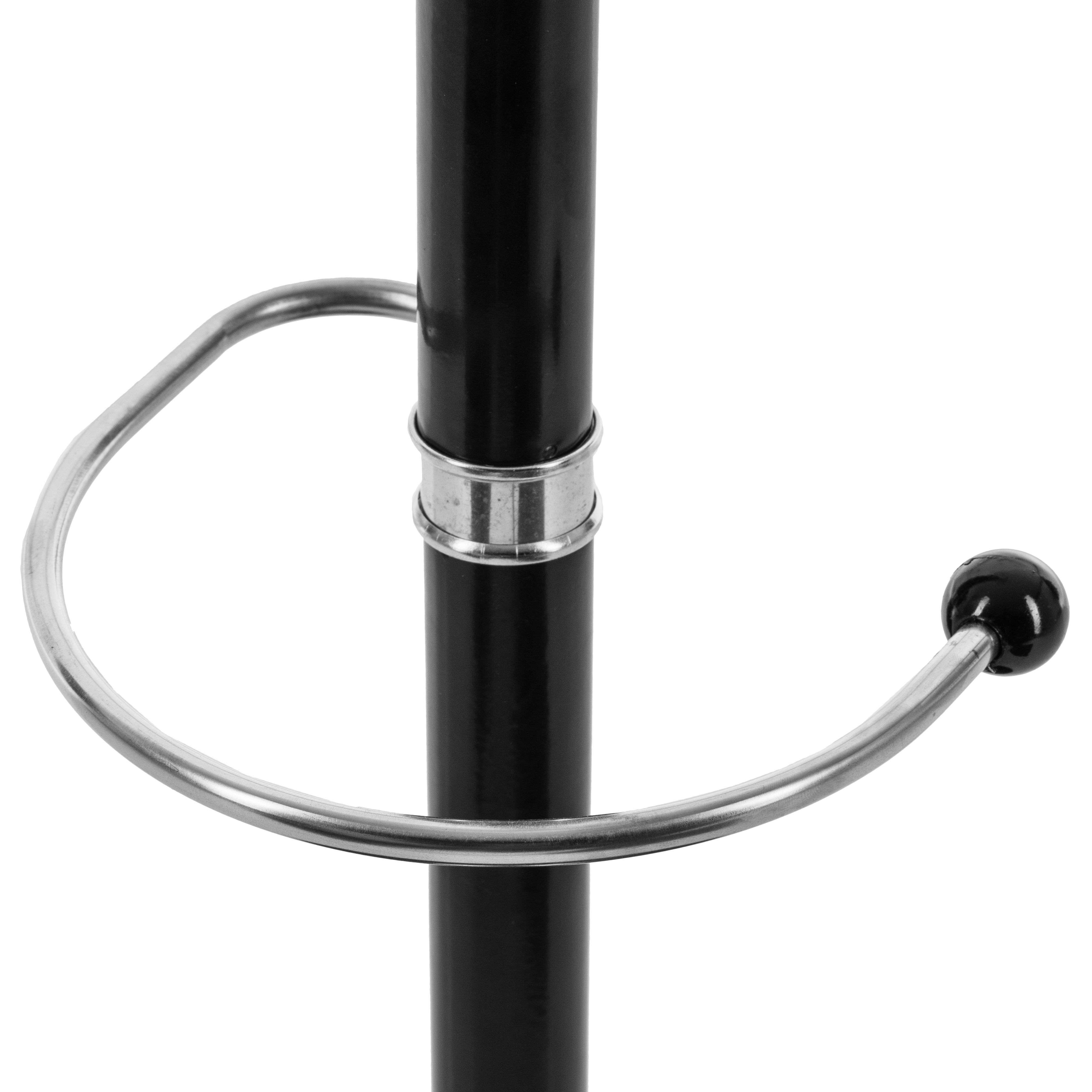 Un soporte negro con un gancho plateado y un pomo negro.