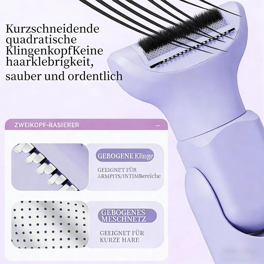 Lila elektrischer Rasierer mit zwei Köpfen und Detailansichten von Klingen und Netz.