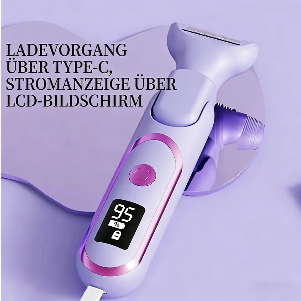 Lila Elektrorasierer mit Ladeanzeige auf LCD-Bildschirm, Typ-C-Aufladung.