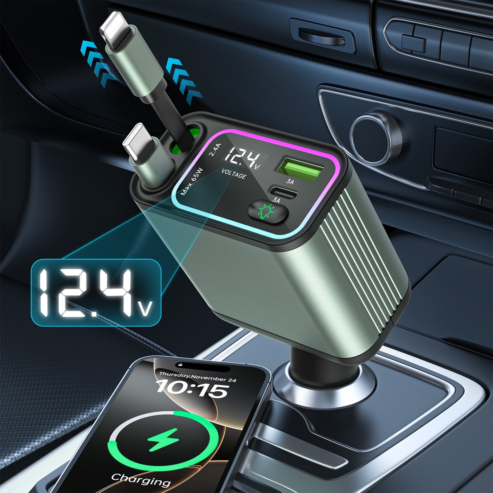 Ein grüner Auto-Ladegerät mit USB-C und Lightning-Kabel, das ein iPhone lädt.