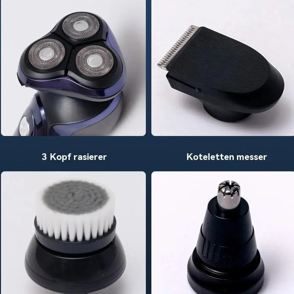 Vier Aufsätze für einen Rasierer: Rotationskopf, Trimmer, Bürste und Nasenhaartrimmer.