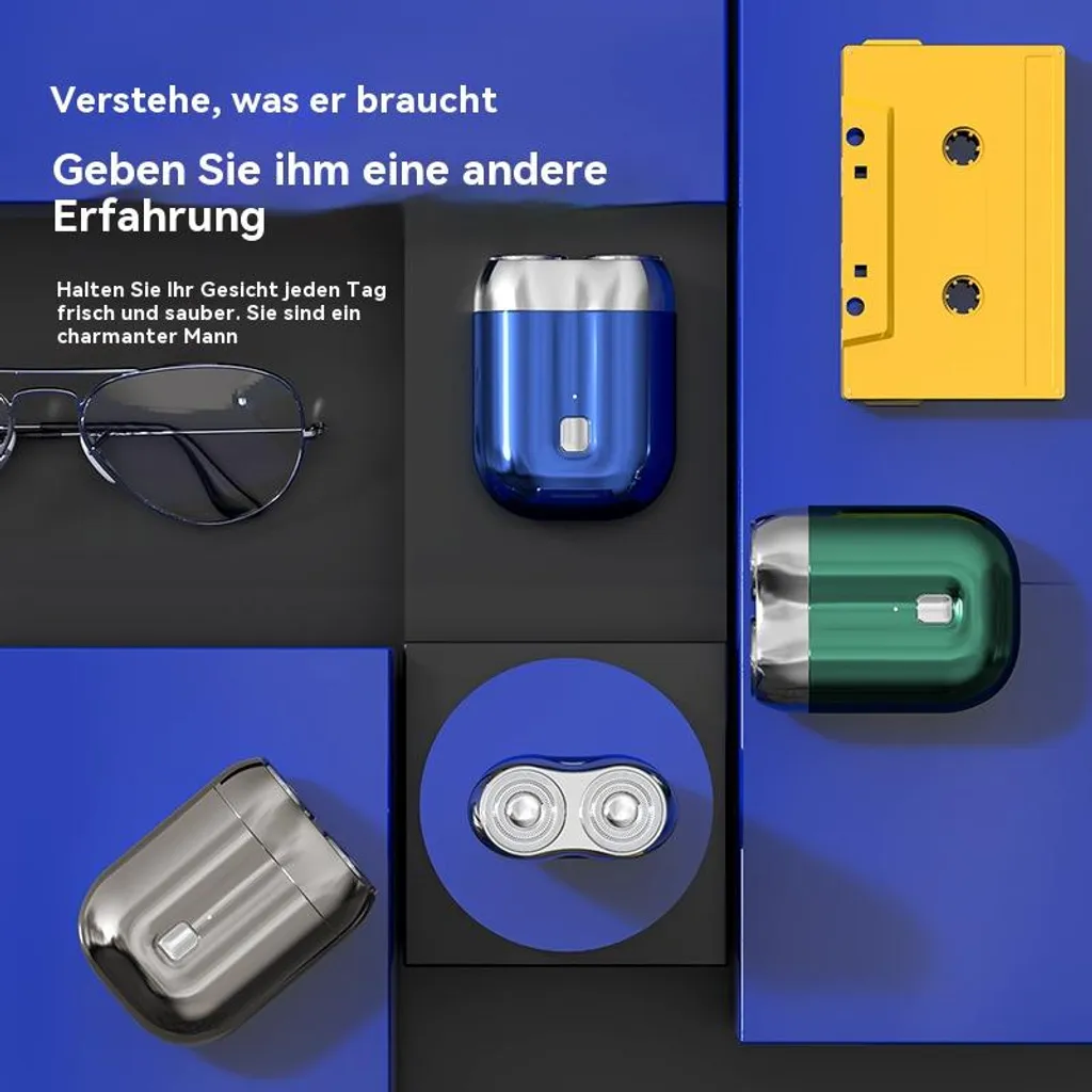 Ein blauer, silberner und grauer Rasierer, Brille und eine gelbe Kassette.