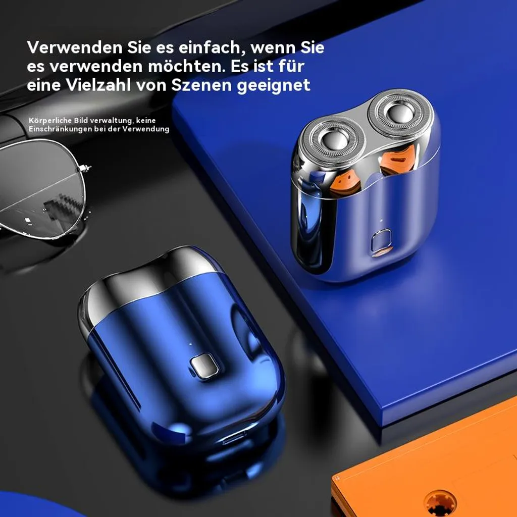 Zwei glänzende, metallische Rasierer in Blau und Silber auf einem blauen Podest.