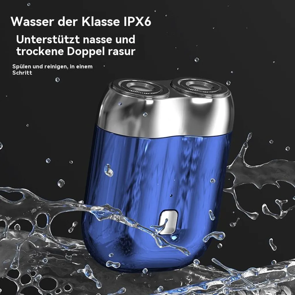 Ein blauer Elektrorasierer mit silbernem Oberteil, umgeben von Wasserspritzern.