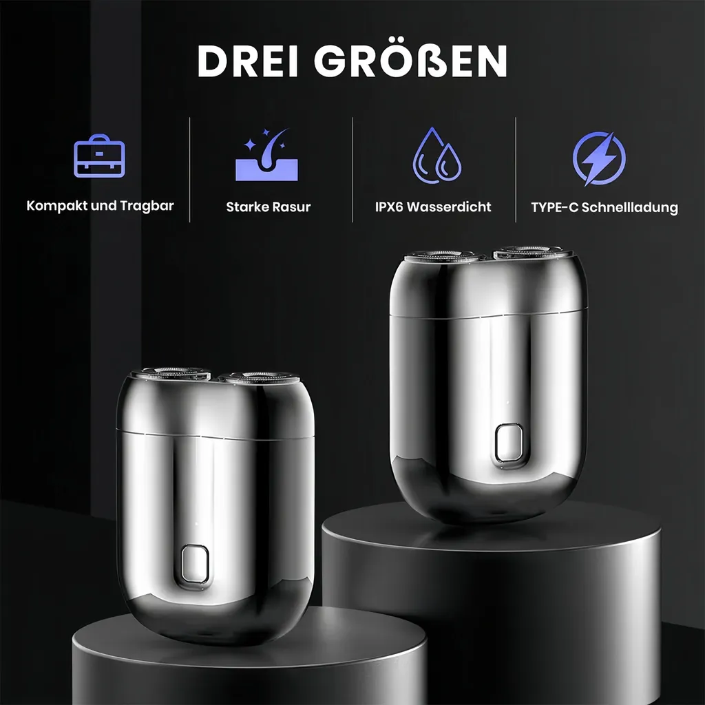Zwei silberne Rasierer auf Podesten, mit Icons für Tragbarkeit, Rasur, Wasserdichtigkeit und Aufladung.