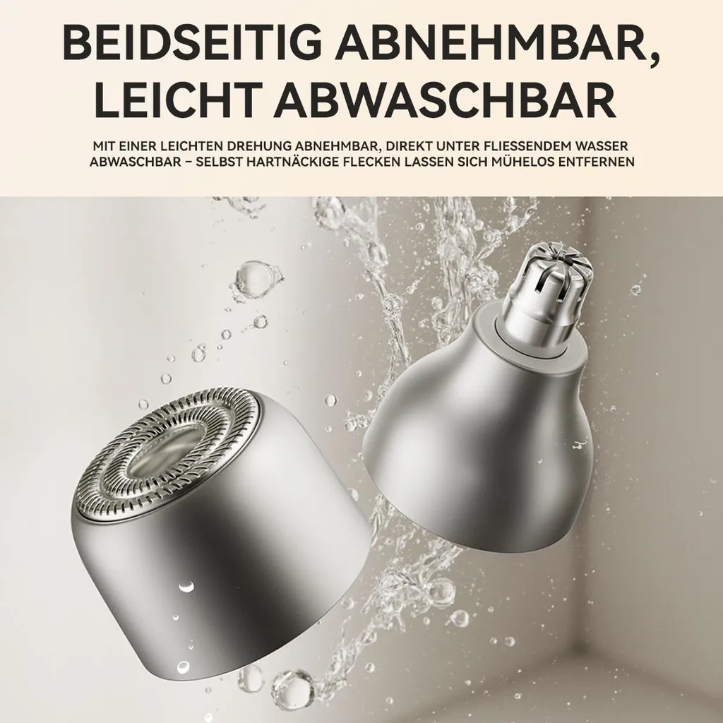 Zwei abnehmbare Trimmeraufsätze werden unter fließendem Wasser gezeigt.