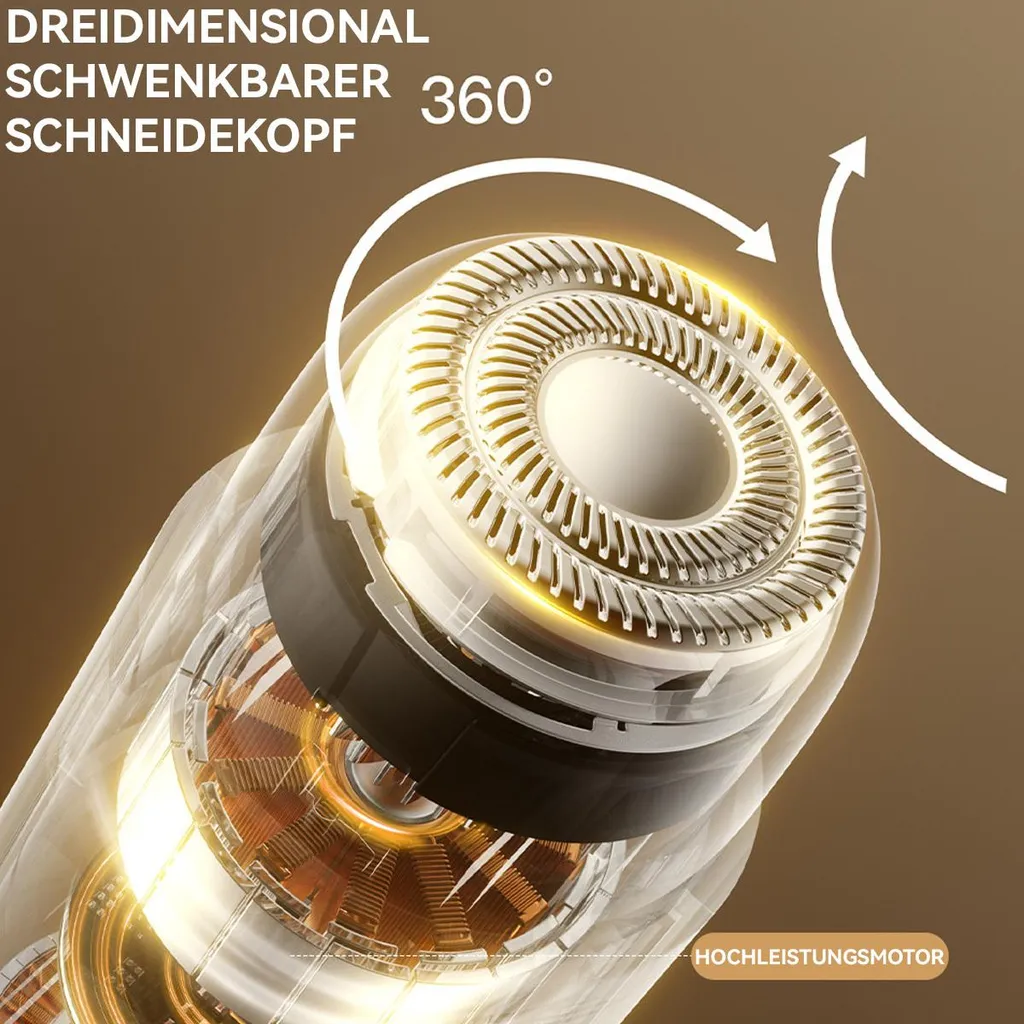 Drehbarer Scherkopf mit 360 Grad und Hochleistungsmotor.
