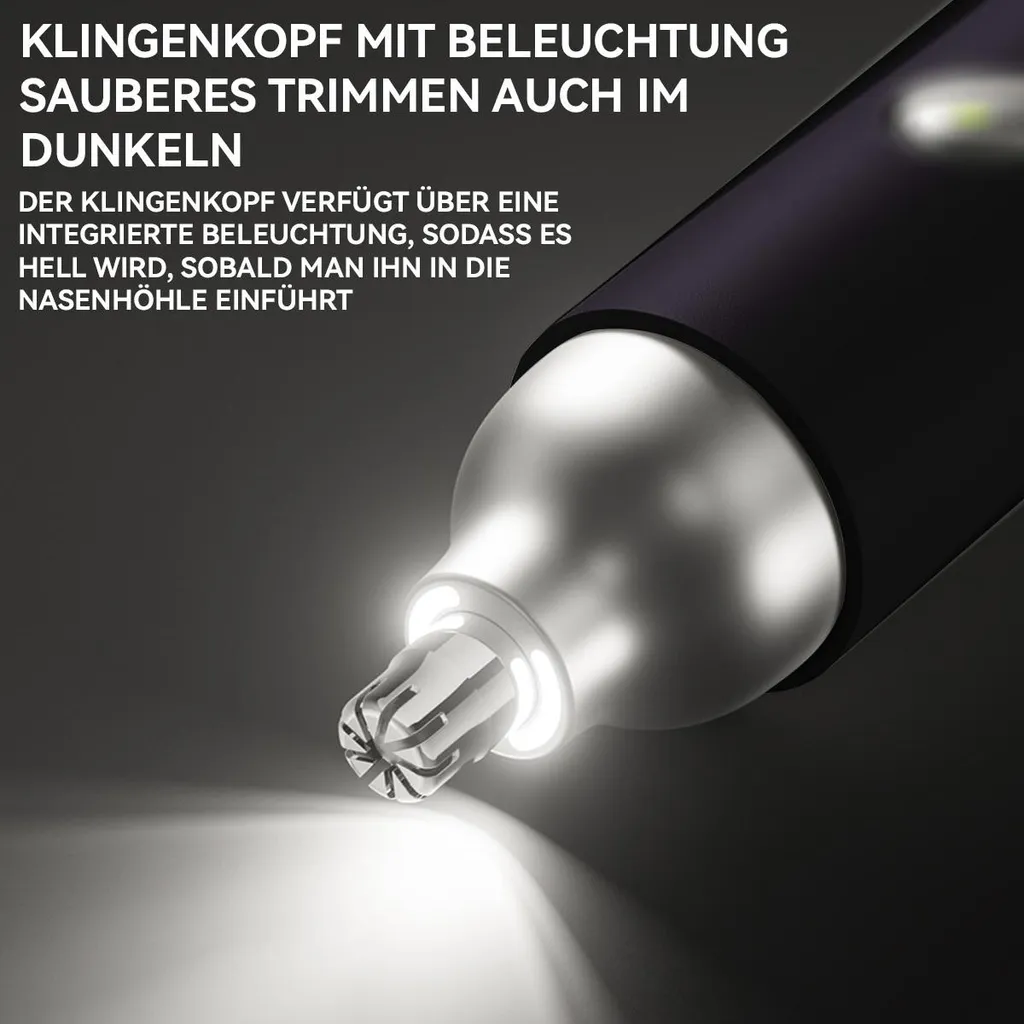 Nahaufnahme eines beleuchteten Nasentrimmers mit silbernem Kopf und schwarzem Griff.
