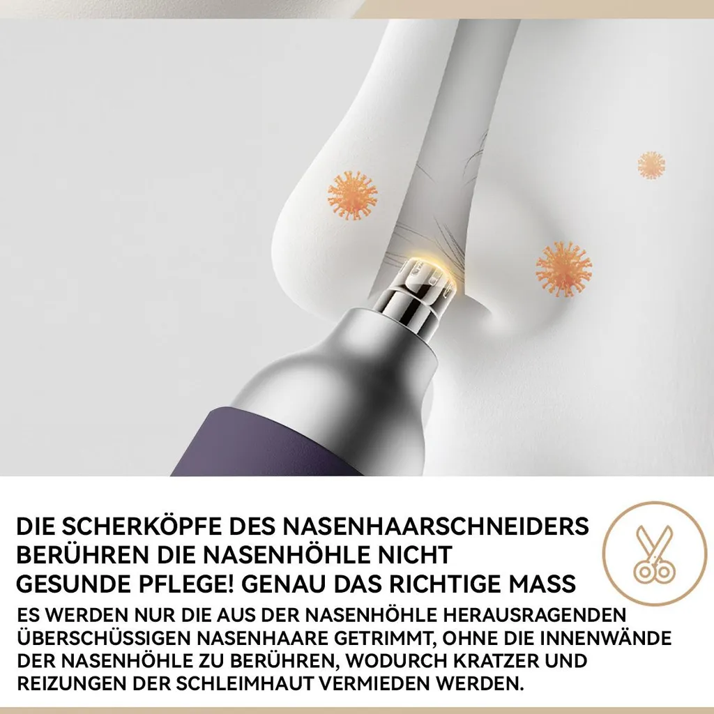 Ein Nasenhaartrimmer wird nah an einem Nasenloch mit leuchtendem Licht gezeigt, der Kontakt mit der Naseninnenseite vermeidet.