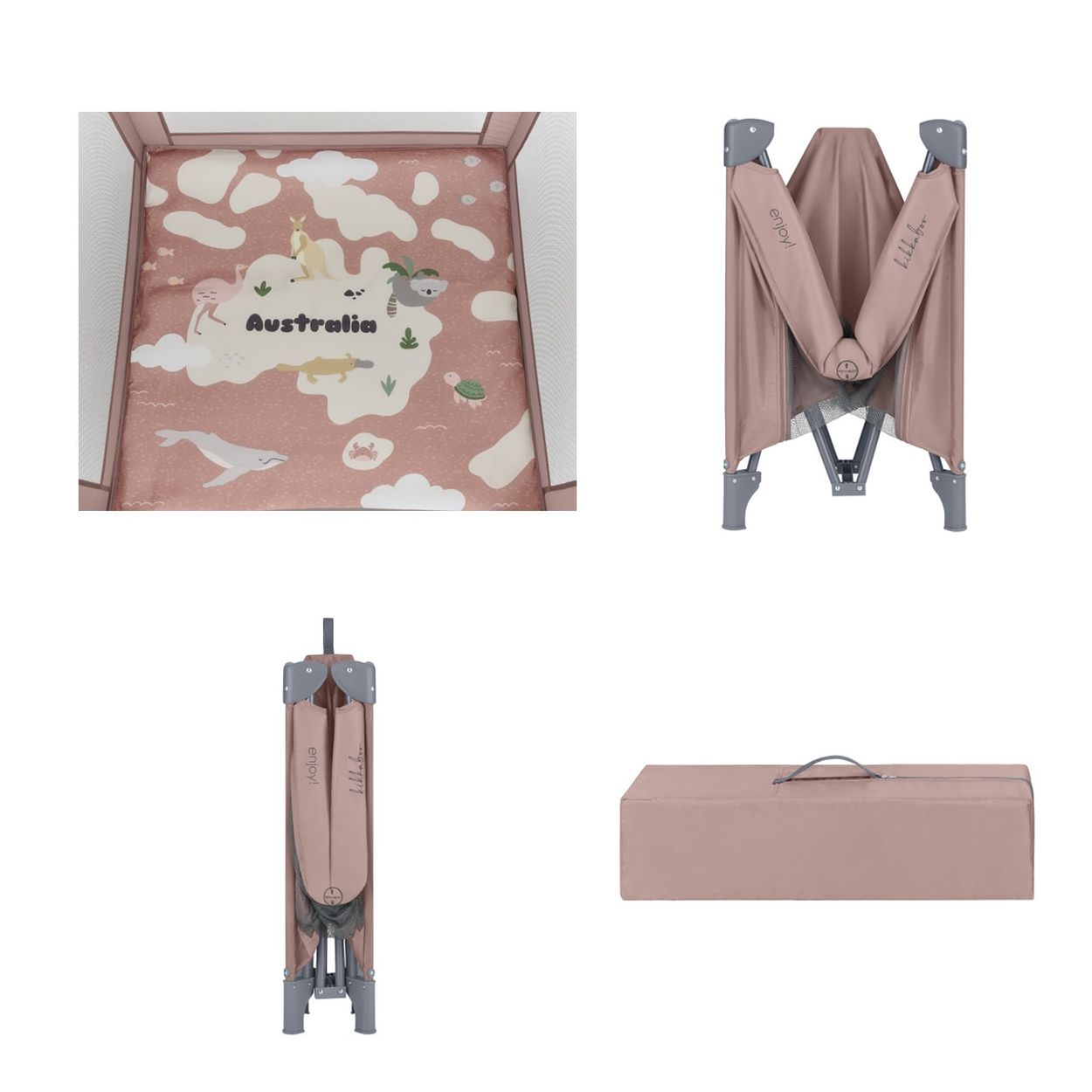 Ein Laufgitter mit einer Matte im Australien-Design, einem zusammengeklappten Laufgitter und einer Reisetasche.