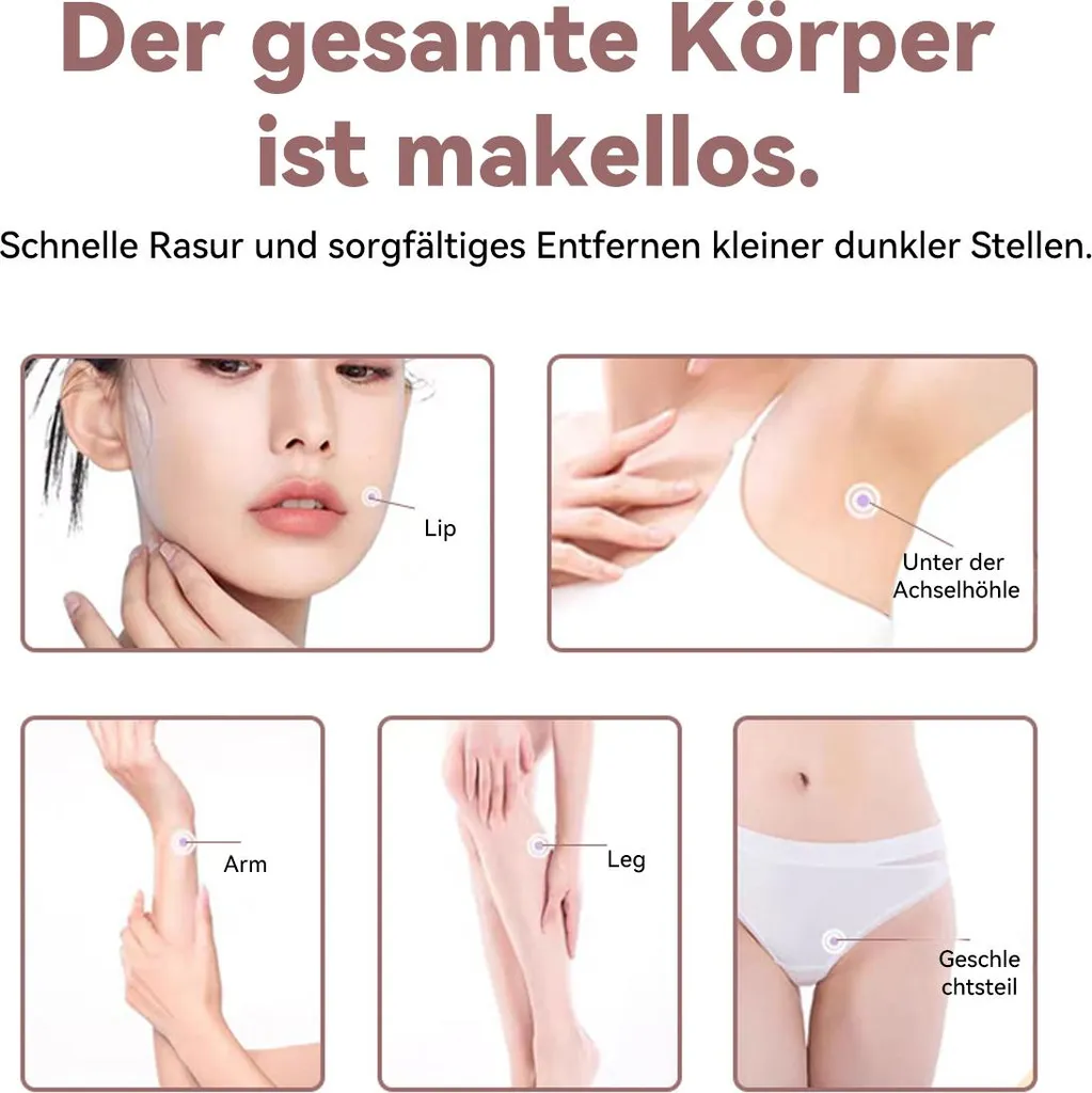 Der gesamte Körper ist makellos. Bilder zeigen Lippen, Achselhöhle, Arm, Bein und Genitalbereich.