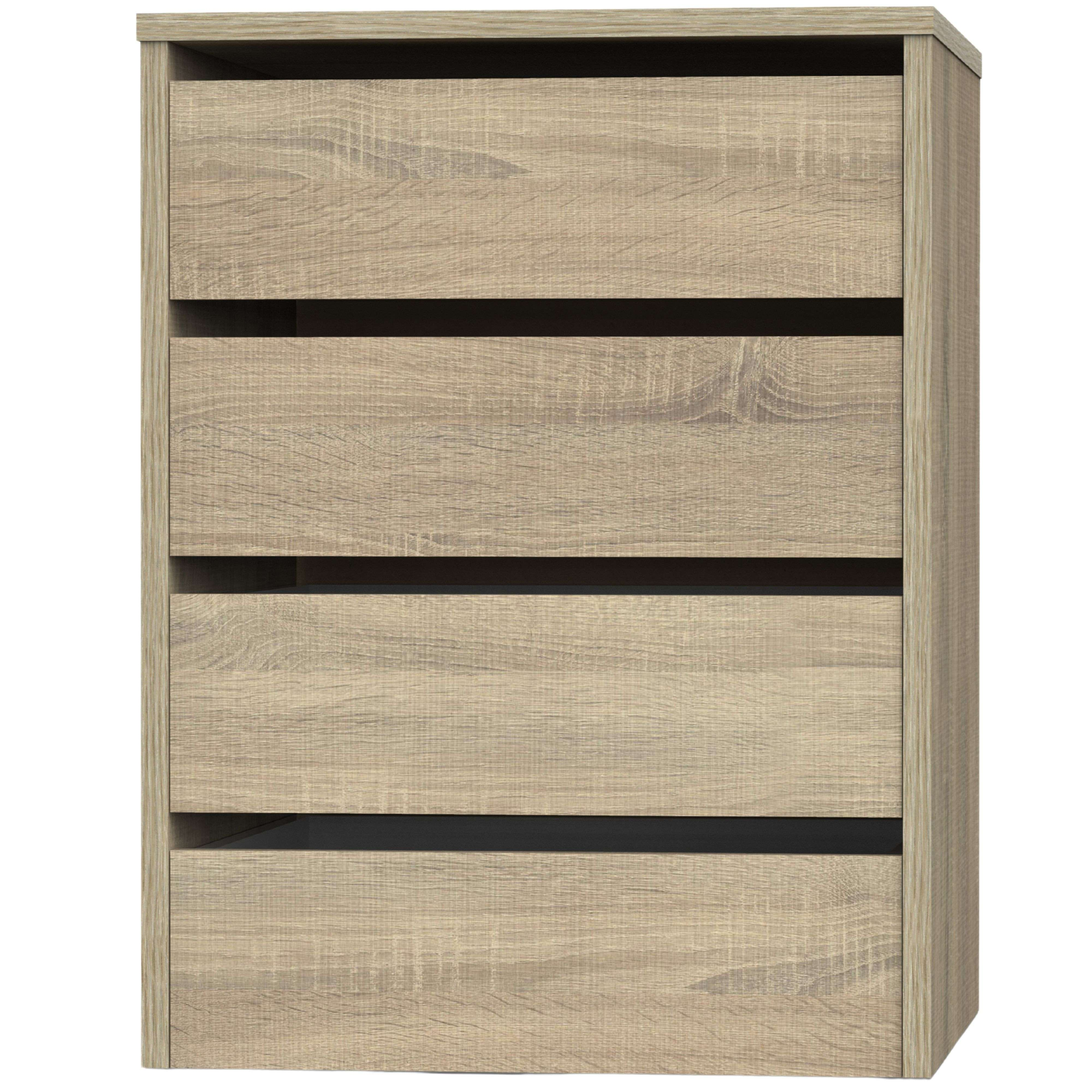 Cómoda de madera marrón con cinco cajones sobre fondo blanco.