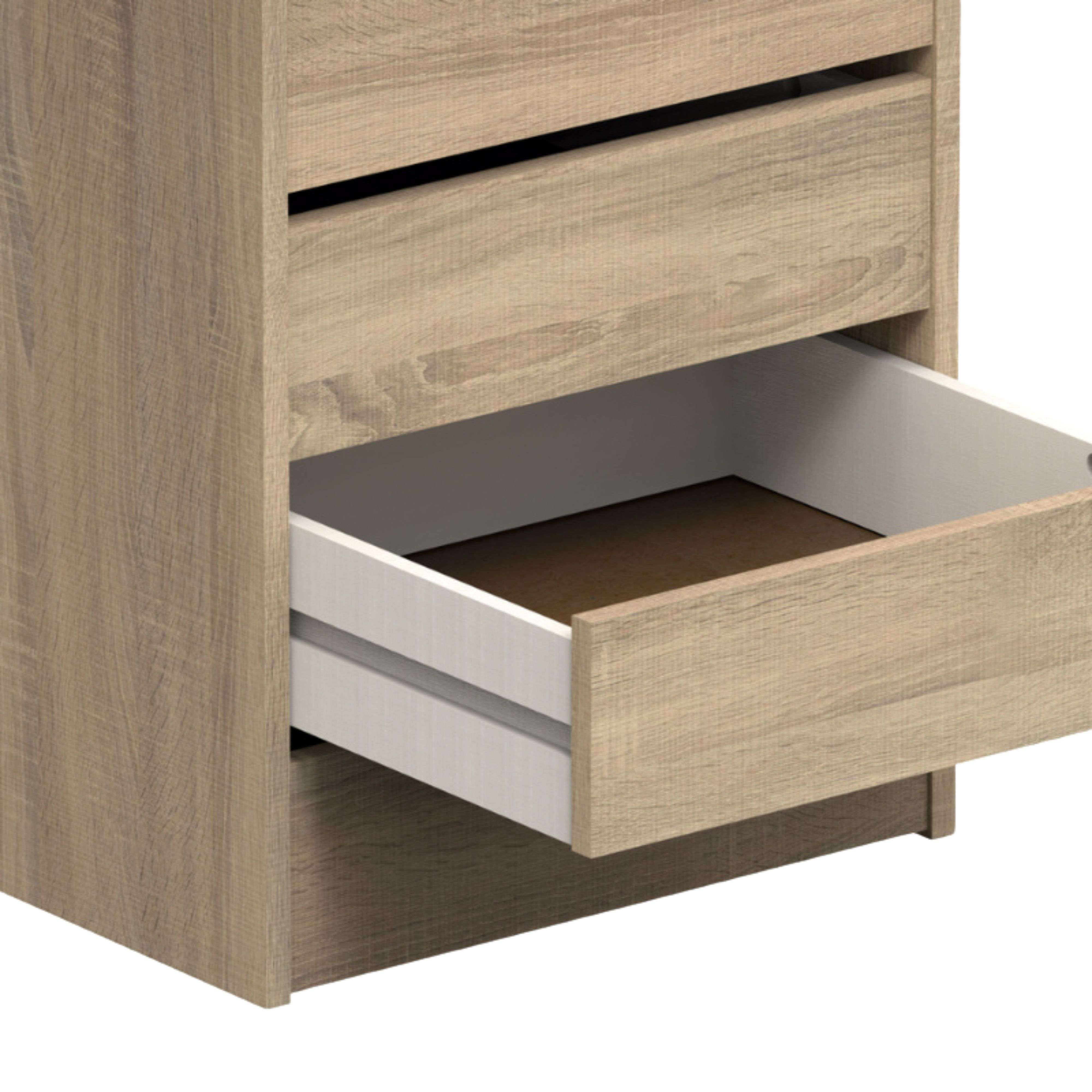 Un mueble de madera marrón claro con dos cajones, uno abierto.
