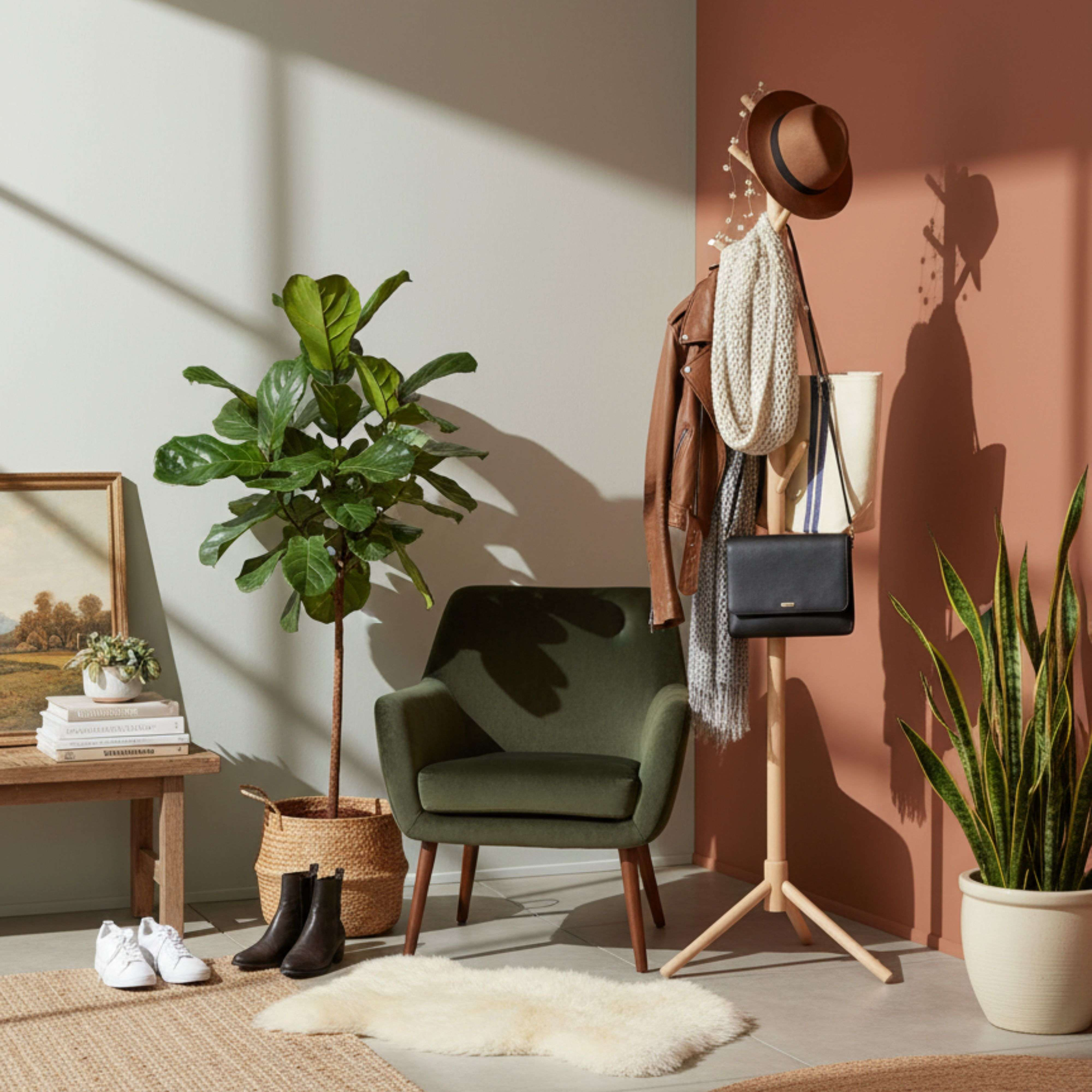Un sillón verde junto a un perchero con ropa y plantas.