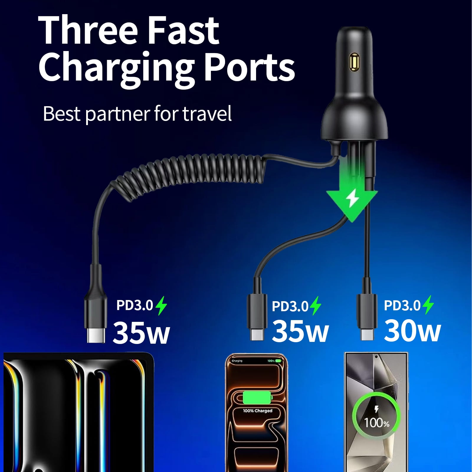 Autoladegerät mit 3 USB-C-Ports: 2x 35W, 1x 30W. Zeigt Ladezustand von Handys.