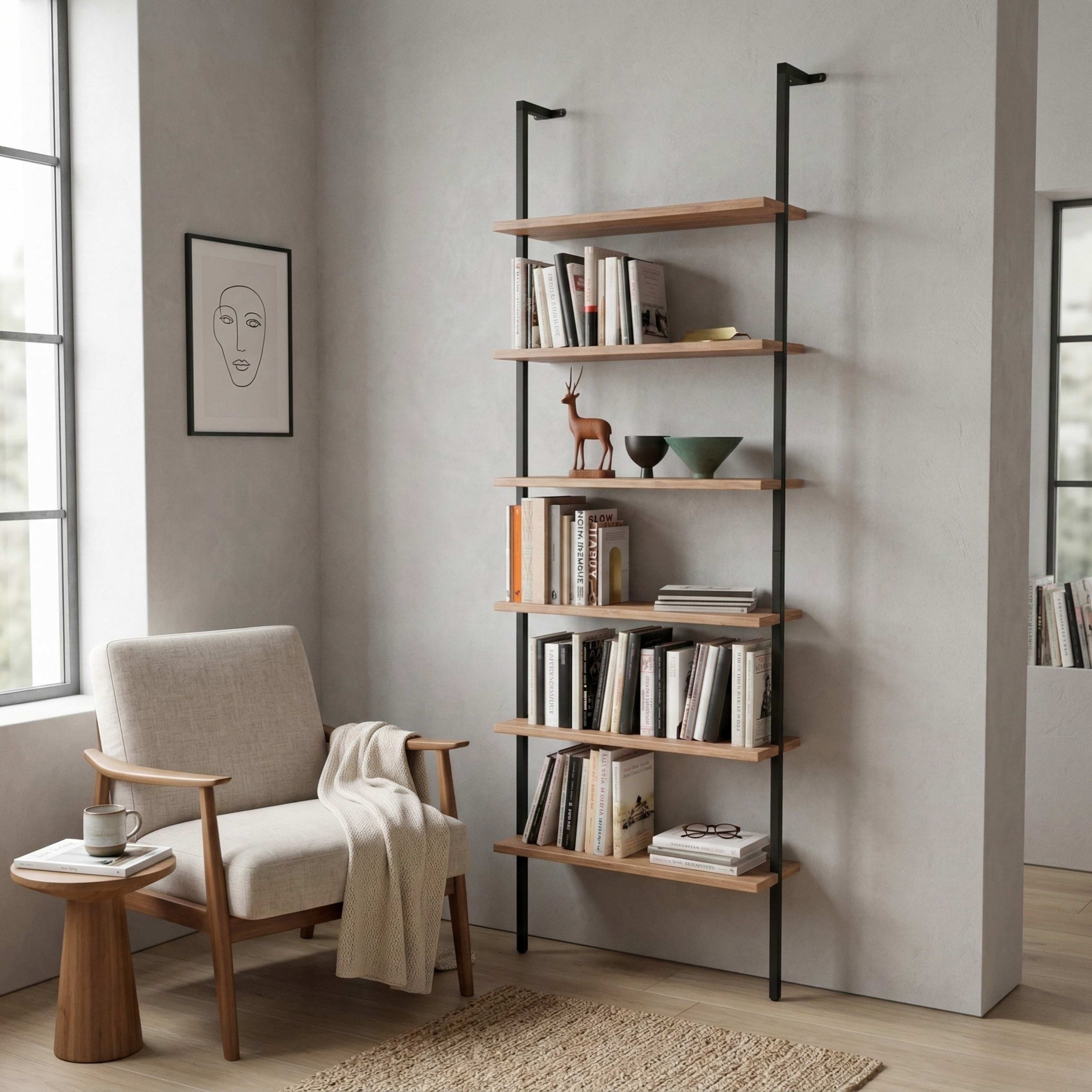 Un sillón junto a una estantería con libros y decoración en una sala luminosa.