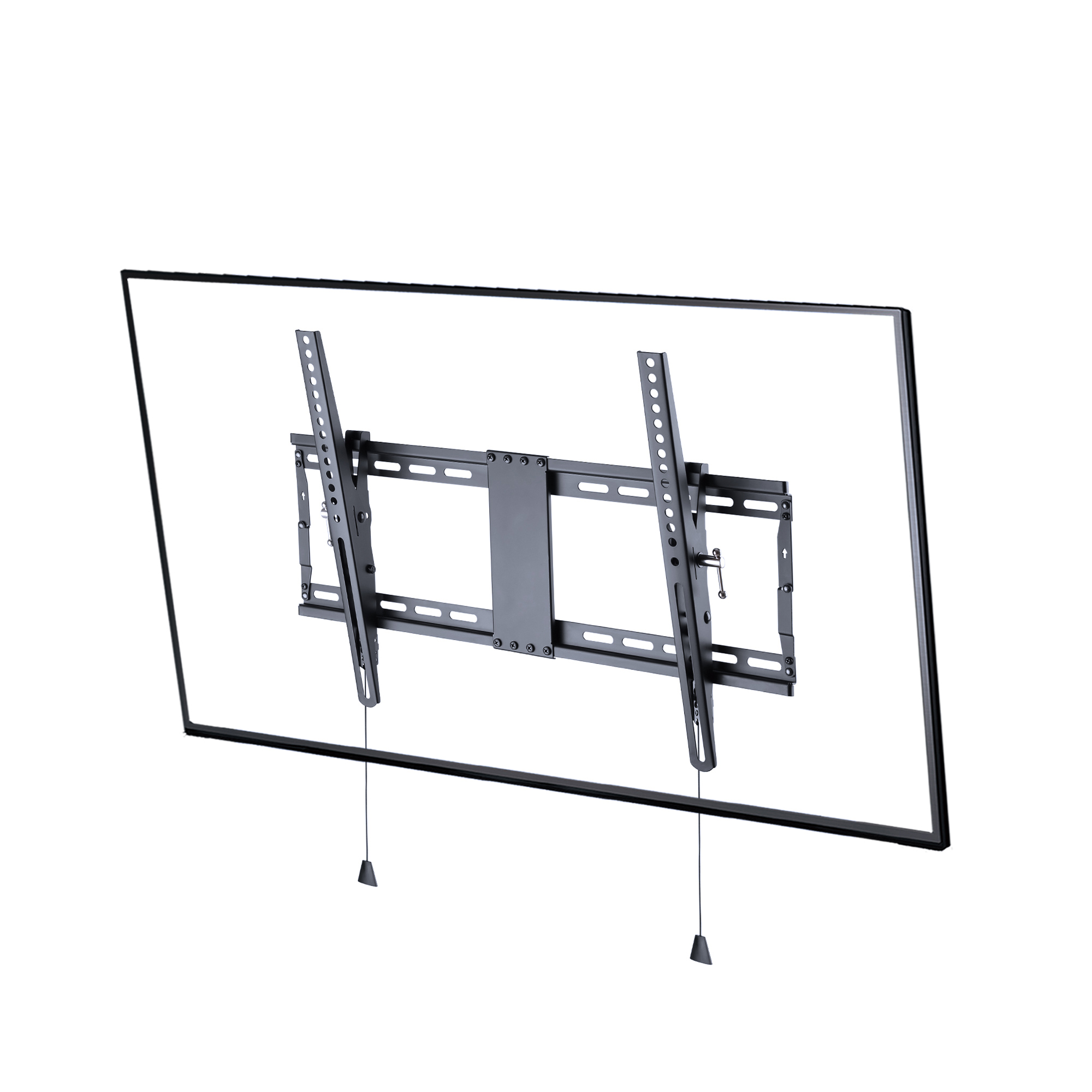 Ein schwarzer, verstellbarer Fernsehhalter mit VESA-Montageplatten und Kabeln.