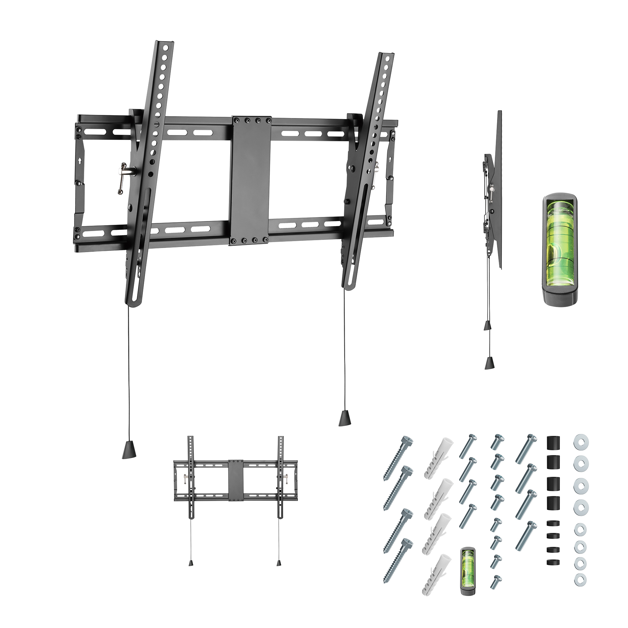 Schwarze TV-Wandhalterung mit Zubehör, inklusive Wasserwaage und Schrauben.