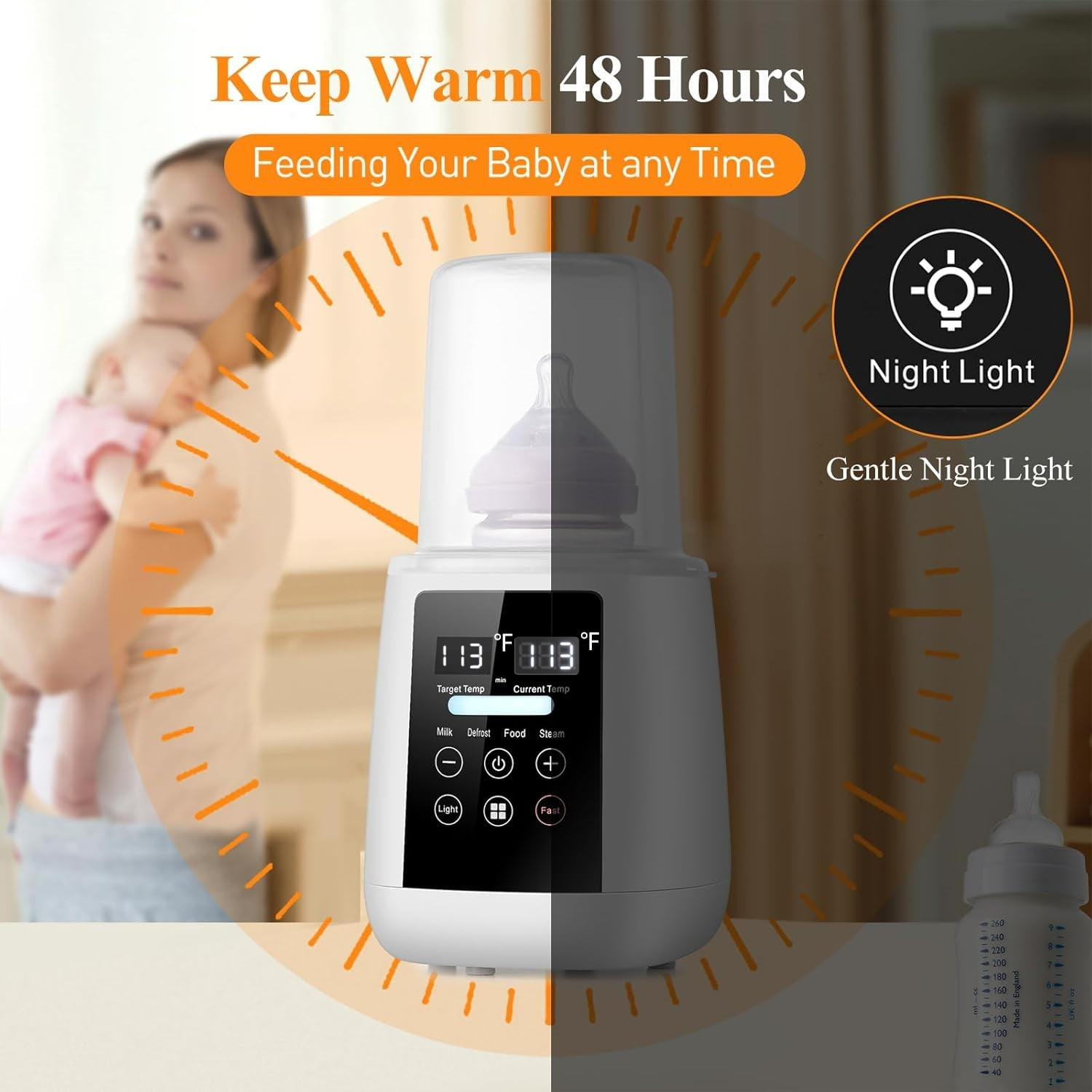 Babyflaschenwärmer mit Display, Mutter hält Baby, Nachtlichtfunktion.