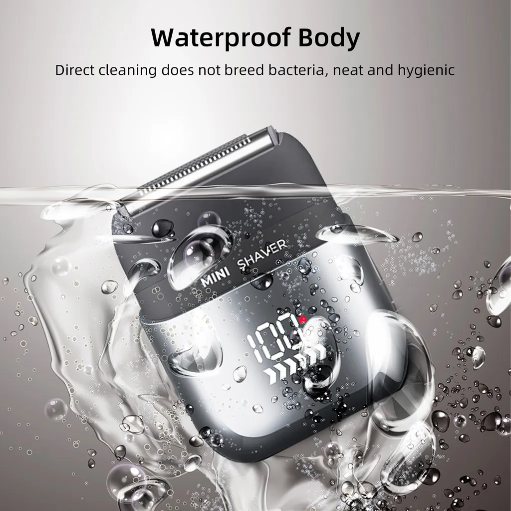 Wasserdichter Mini-Rasierer mit Digitalanzeige unter Wasser mit Blasen.