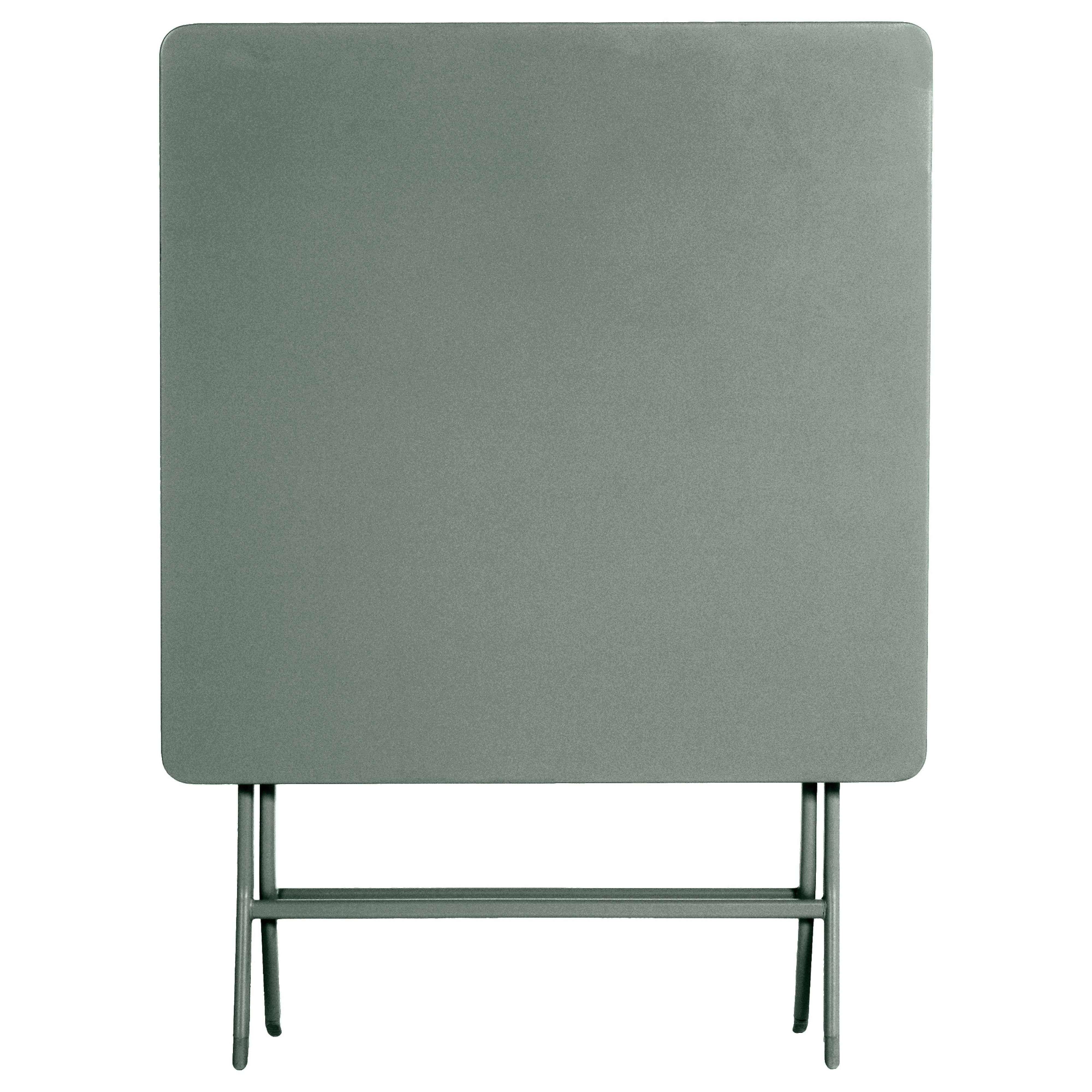 Una mesa plegable gris, rectangular y de esquinas redondeadas, sobre patas metálicas.